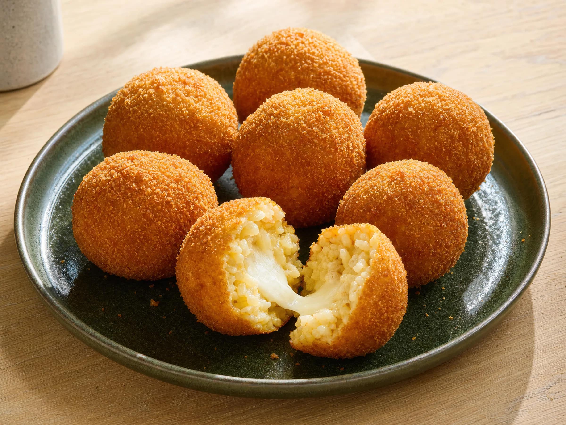 Arancini mit Mozzarellakern goldbraun frittiert