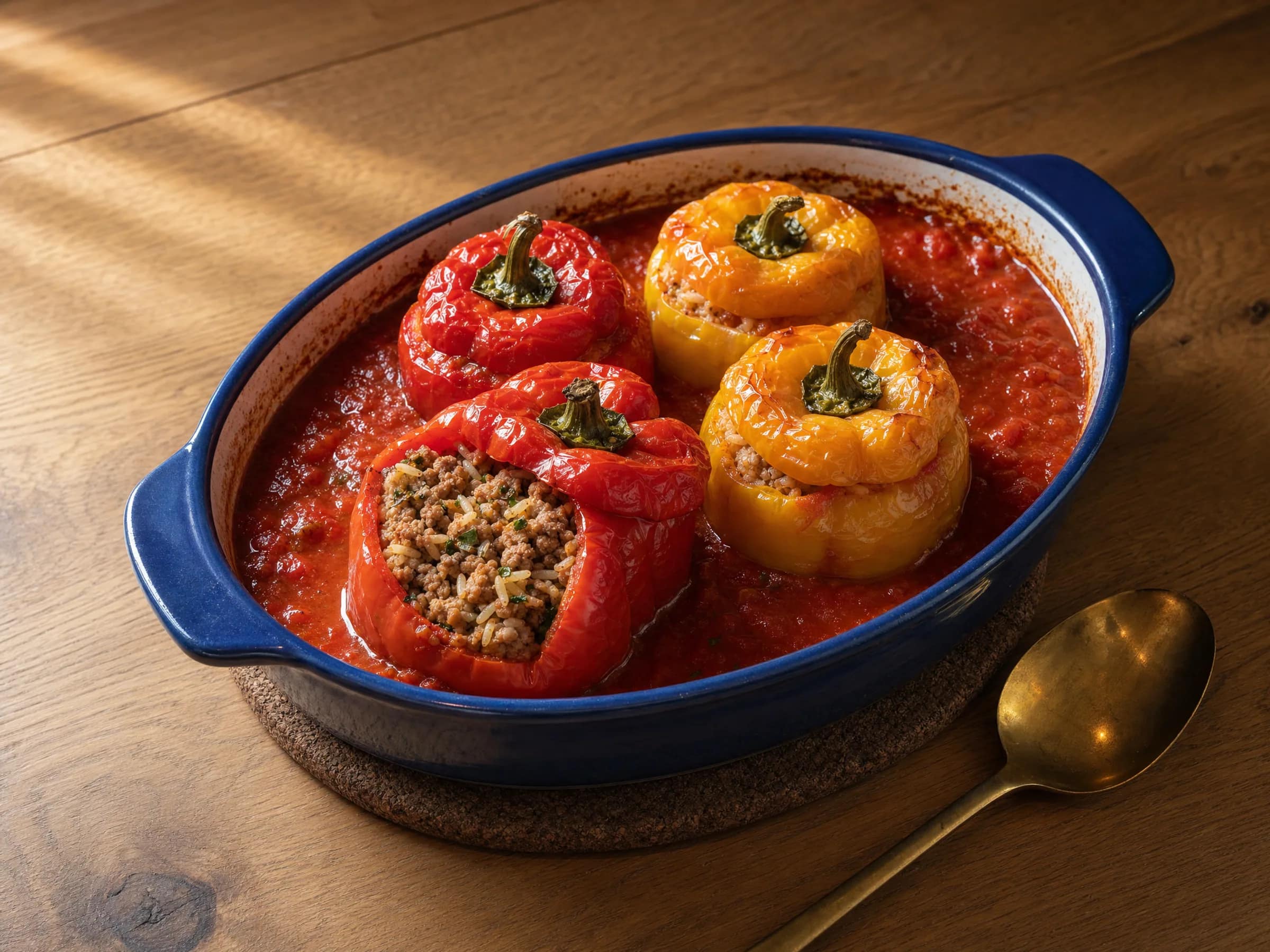 Gefüllte Paprika mit Hackfleisch, Reis und Tomatensoße aus dem Ofen