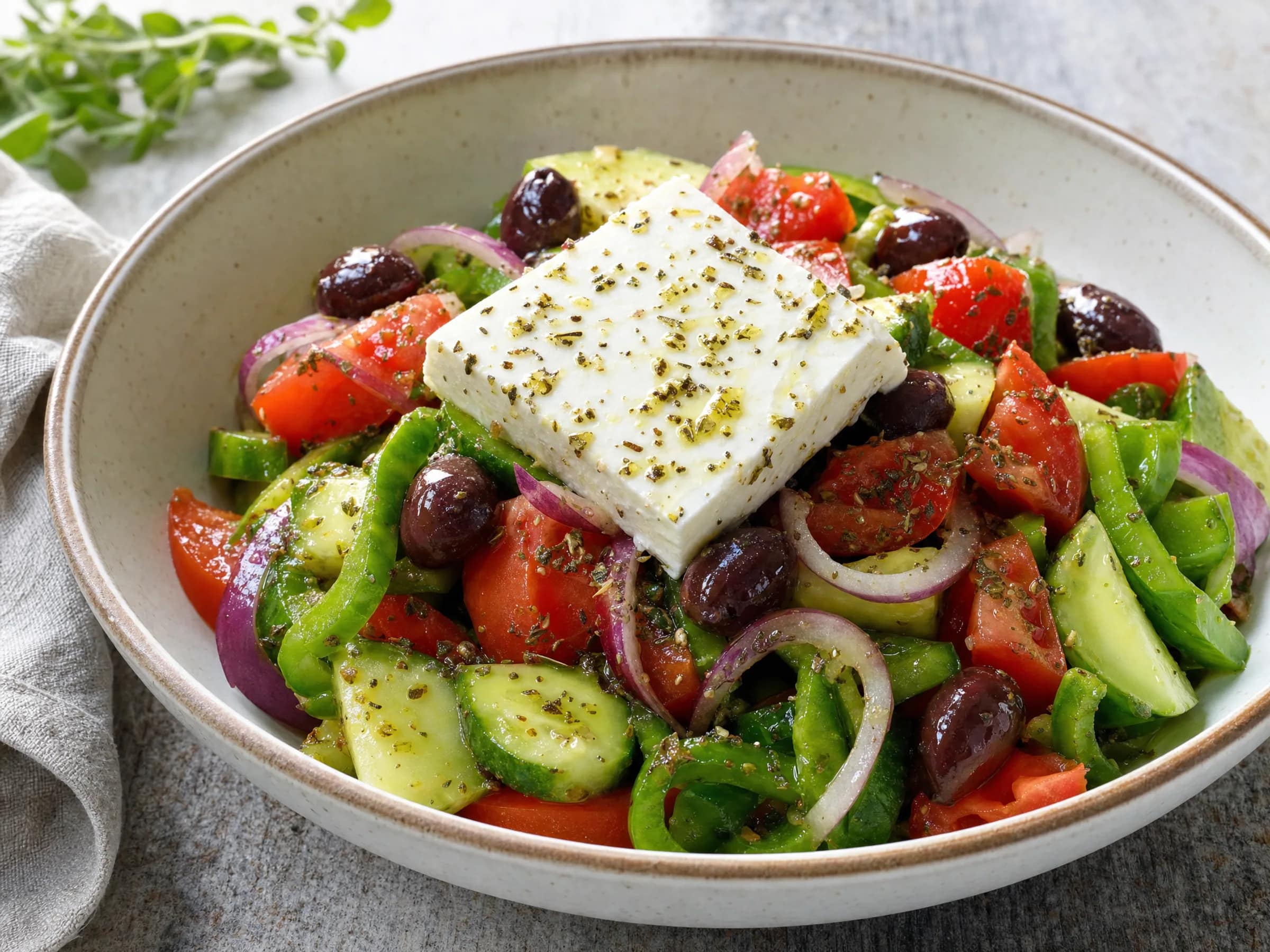 Griechischer Salat mit Feta und knackigem Oregano-Dressing