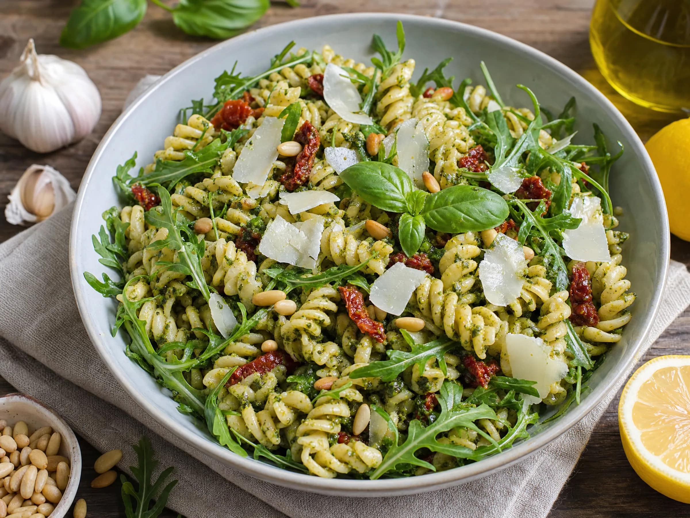 Italienischer Nudelsalat mit Pesto, Rucola und getrockneten Tomaten