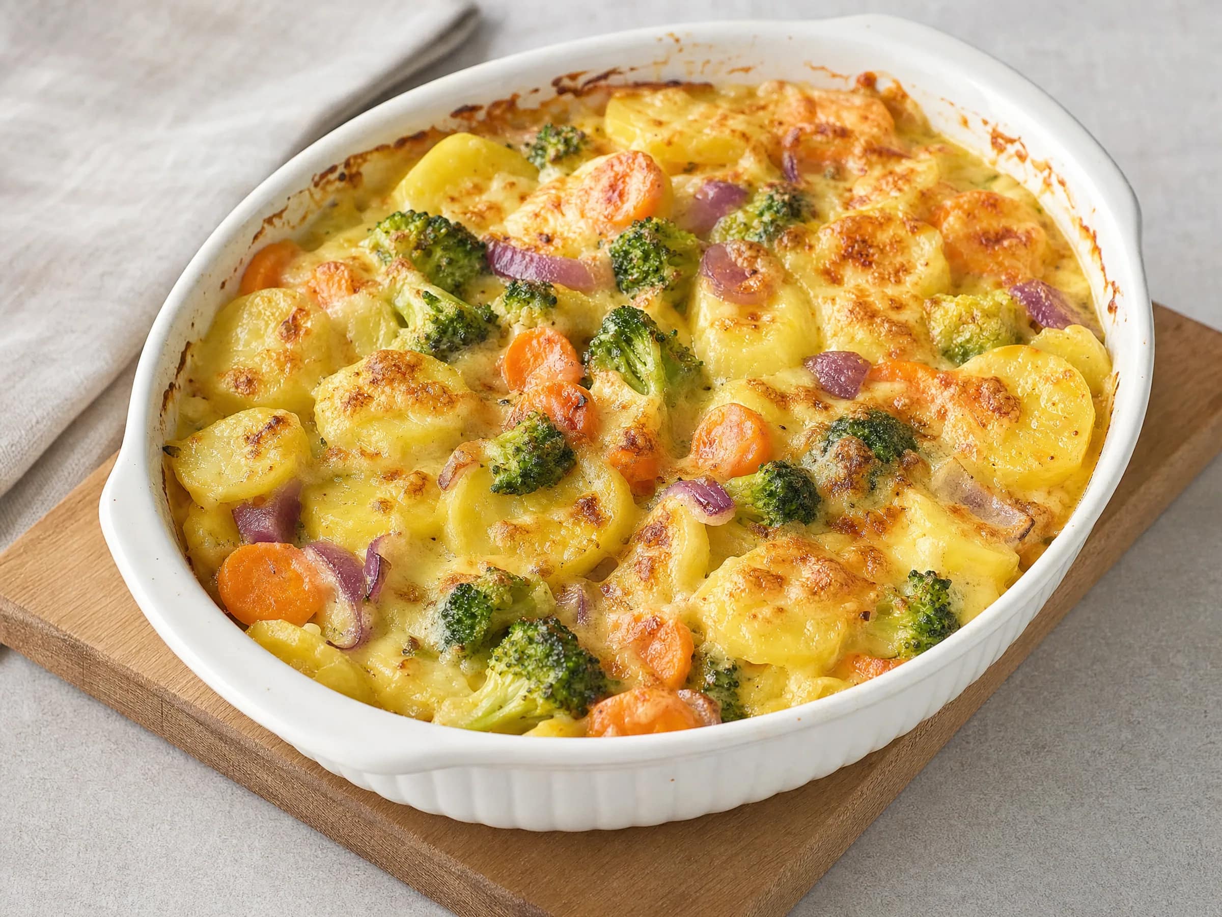 Kartoffelauflauf mit Brokkoli, Karotten und goldener Käsekruste
