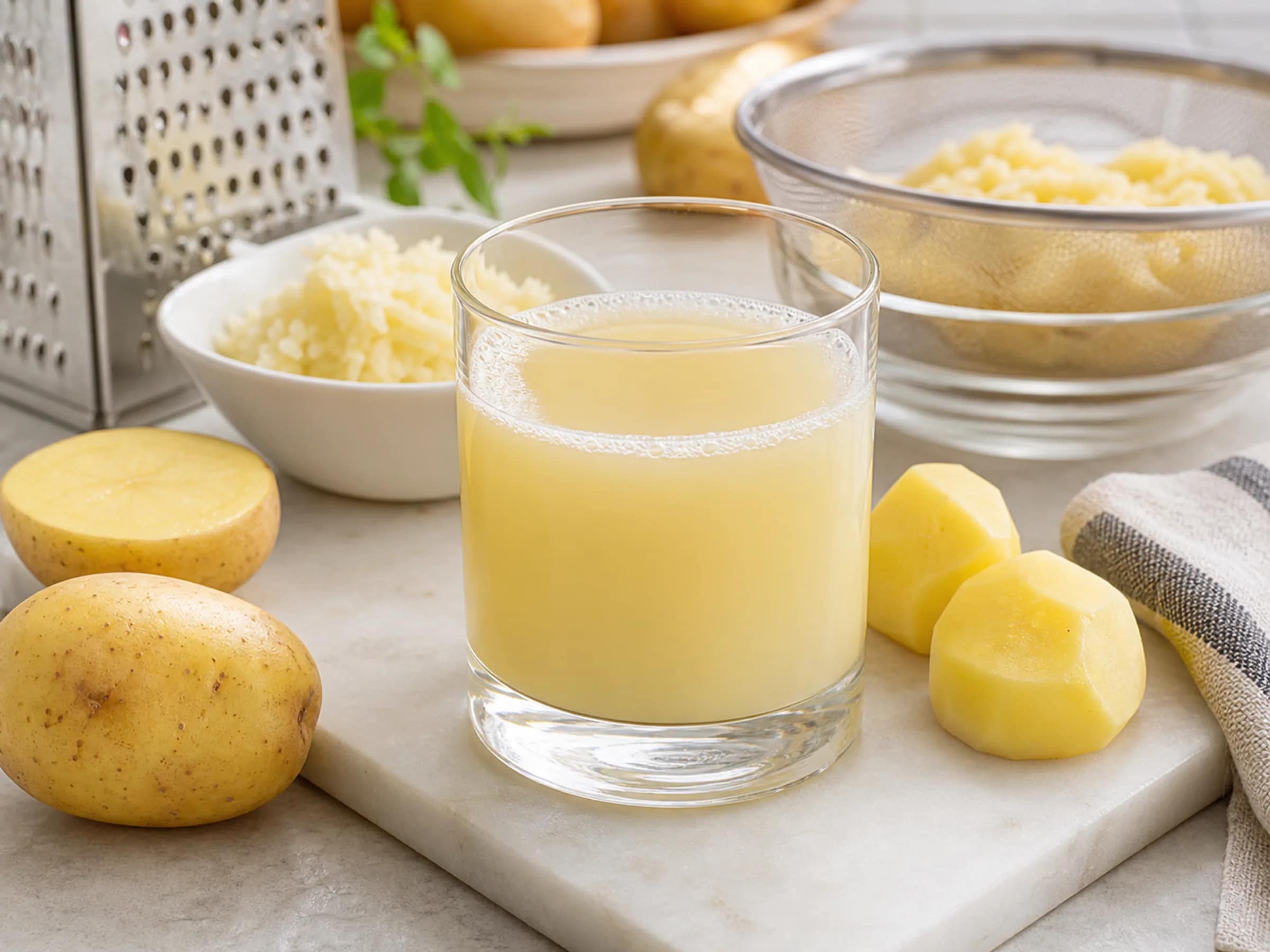 Frischer Kartoffelsaft mit Mixer oder Entsafter