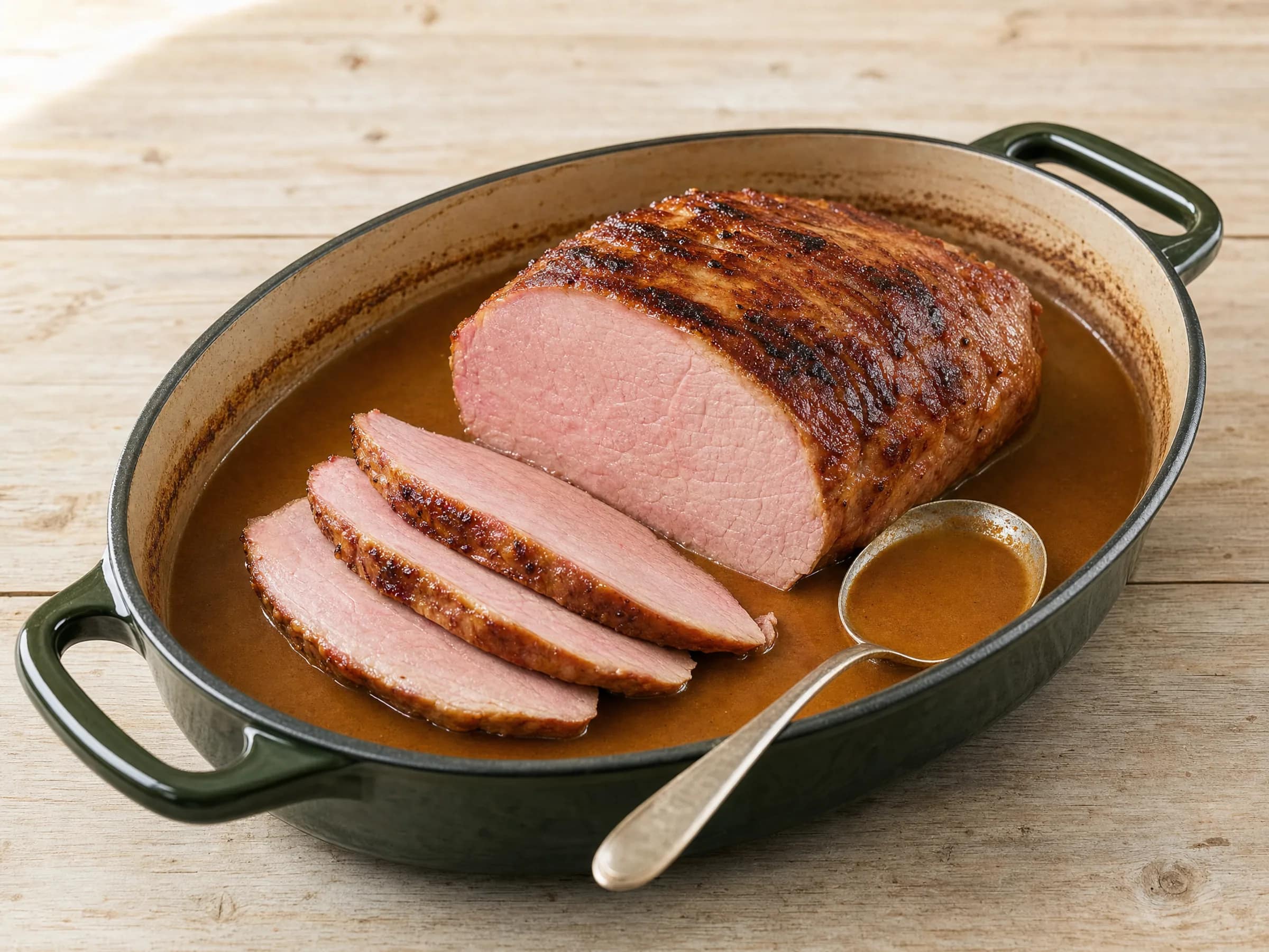 Kasseler Rollbraten aus dem Backofen mit Bratensauce