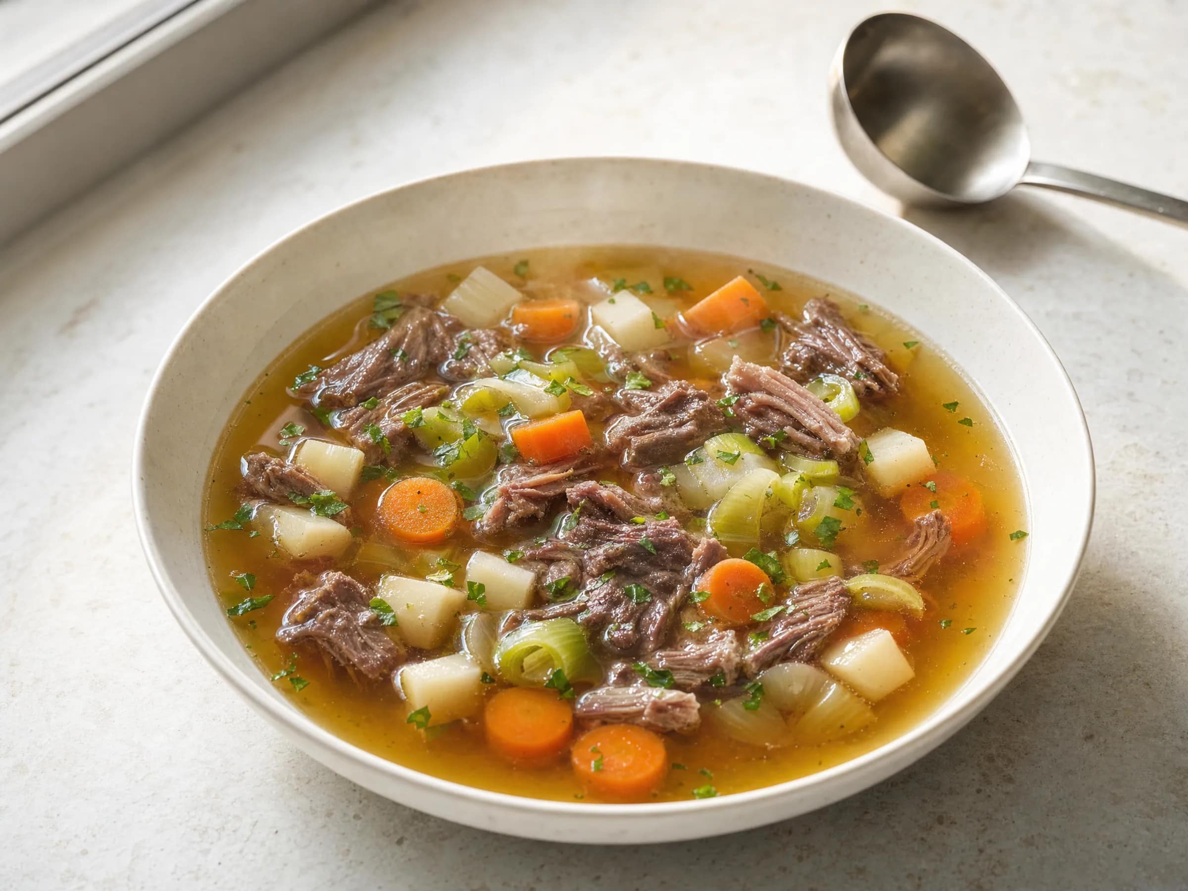 Klare Ochsenschwanzsuppe mit Wurzelgemüse