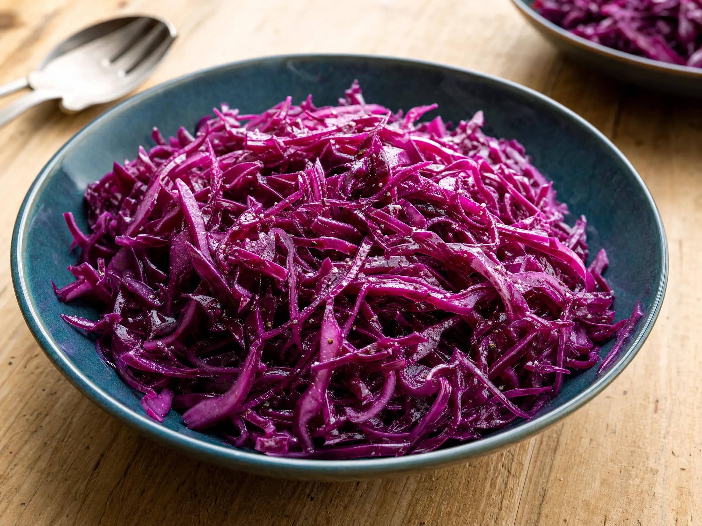 Klassischer Rotkrautsalat aus rohem Rotkohl mit Essig-Öl-Dressing