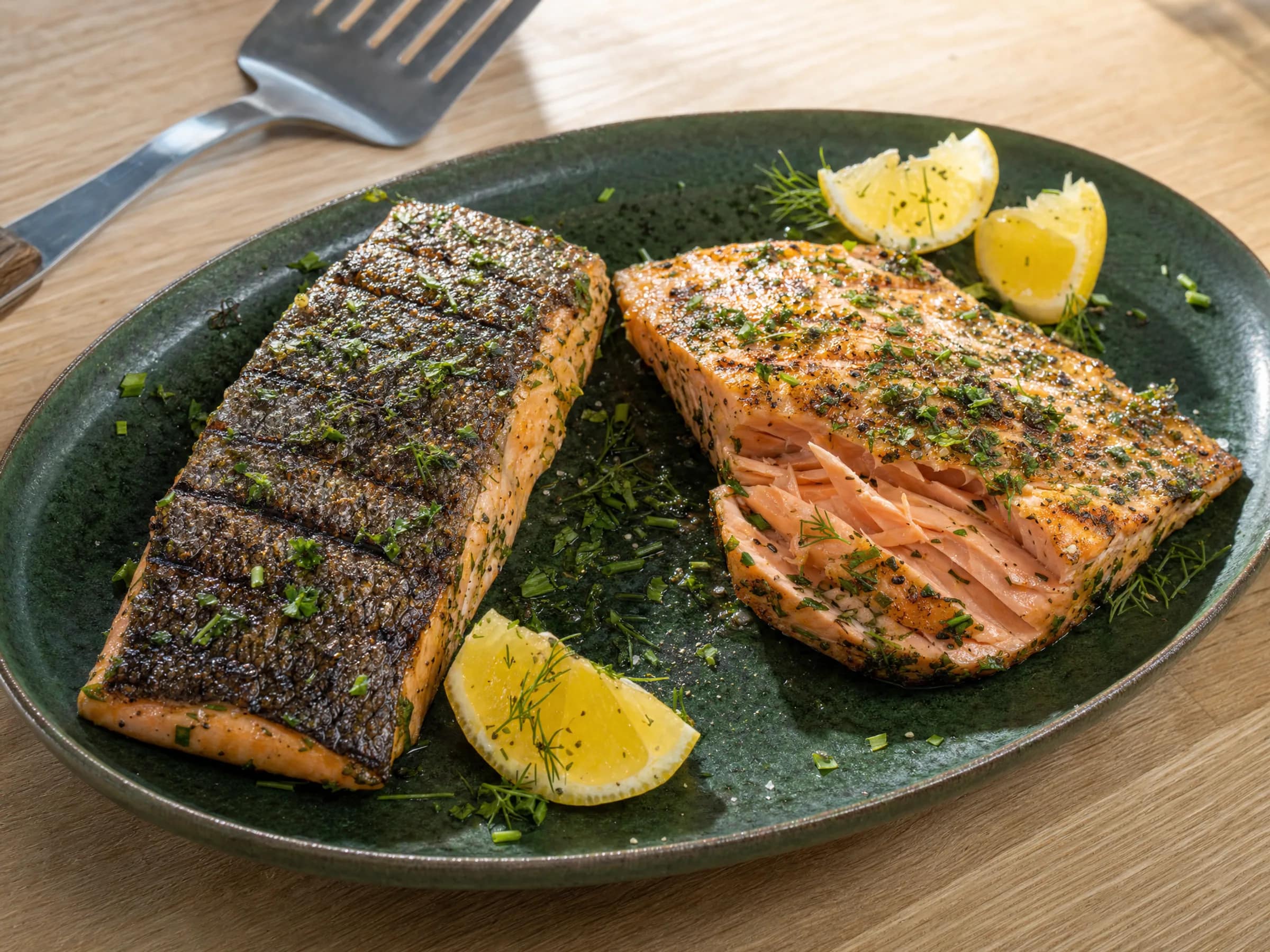 Lachs mit Haut grillen und Zitronen-Kräuter-Marinade