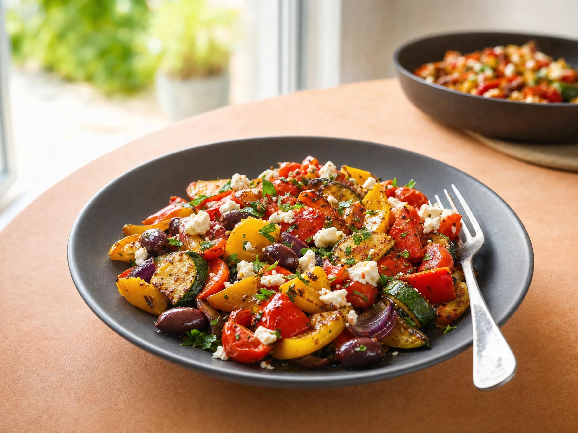 Mediterrane Gemüsepfanne mit Feta, Paprika und Zucchini