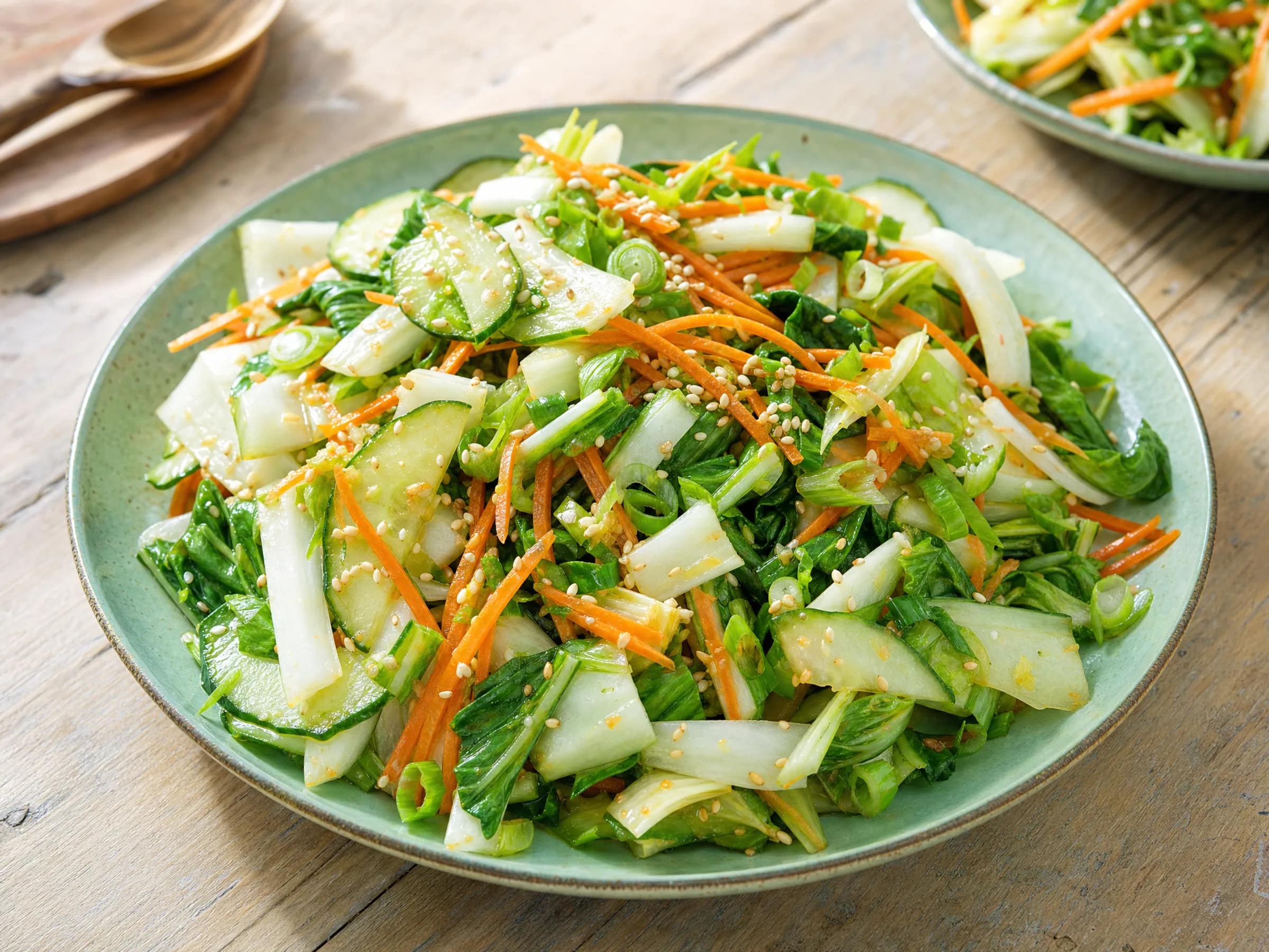 Pak-Choi-Salat mit Karotte, Gurke und Sesam-Dressing