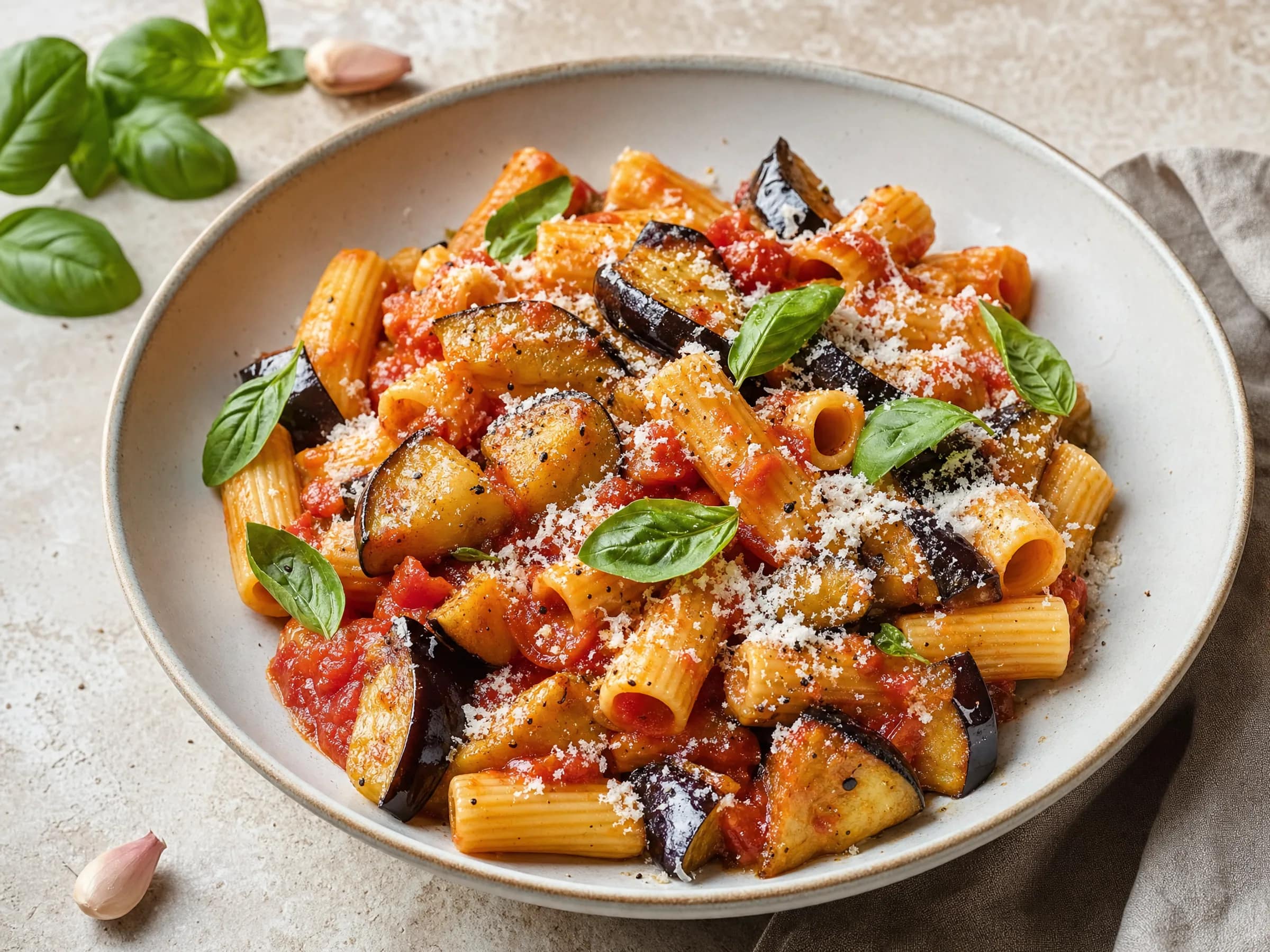 Pasta alla Norma mit goldbrauner Aubergine und Ricotta salata