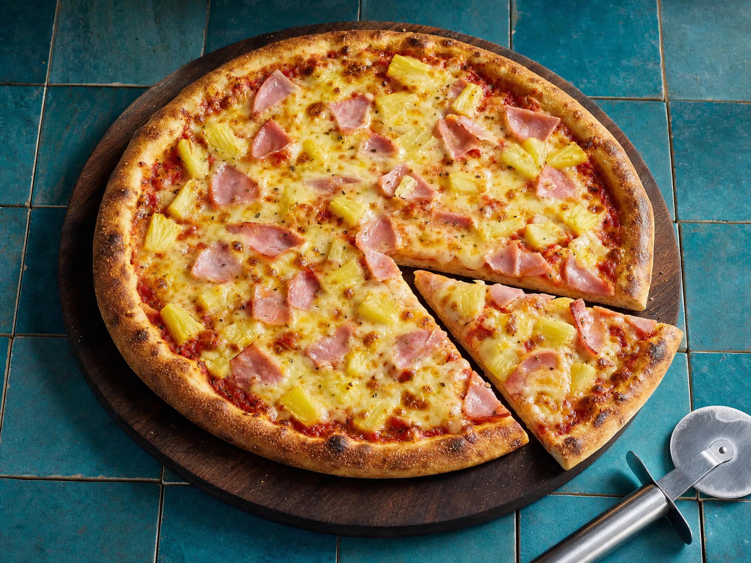 Pizza Hawaii mit Schinken und Ananas aus dem heißen Ofen