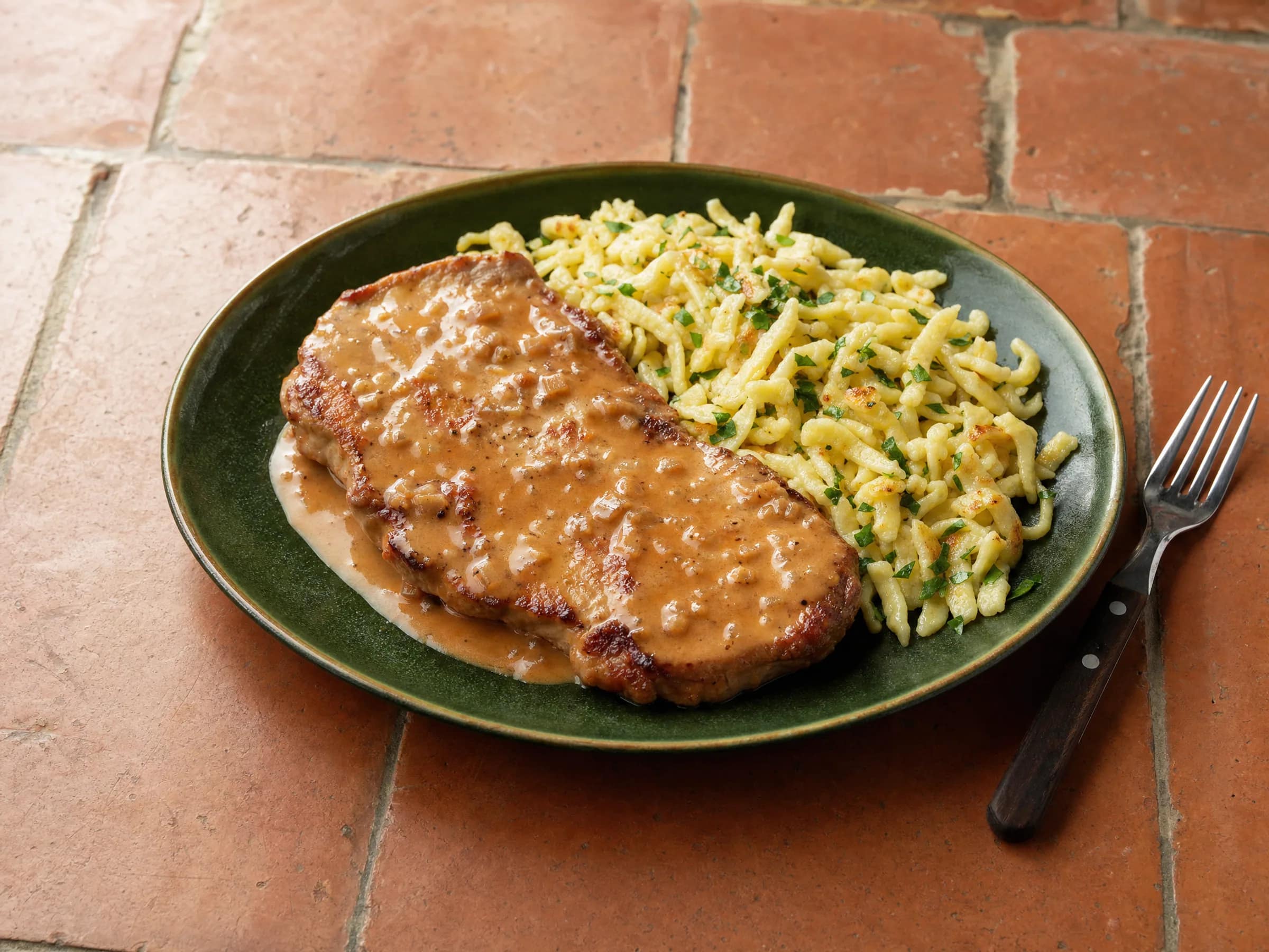 Rahmschnitzel vom Schwein mit Pfannen-Rahmsauce und Spätzle