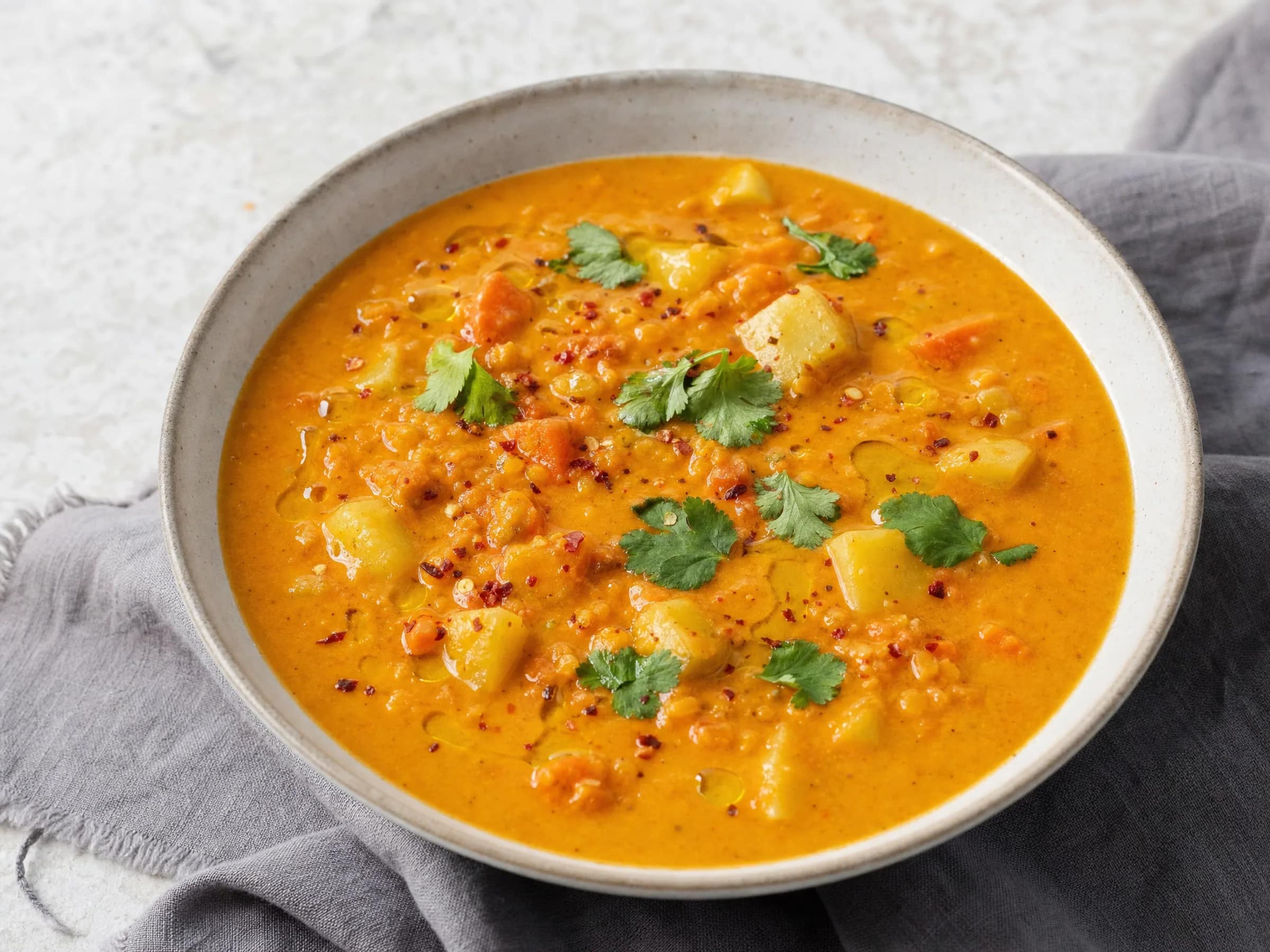 Rote-Linsen-Suppe mit Kokosmilch und Kartoffeln