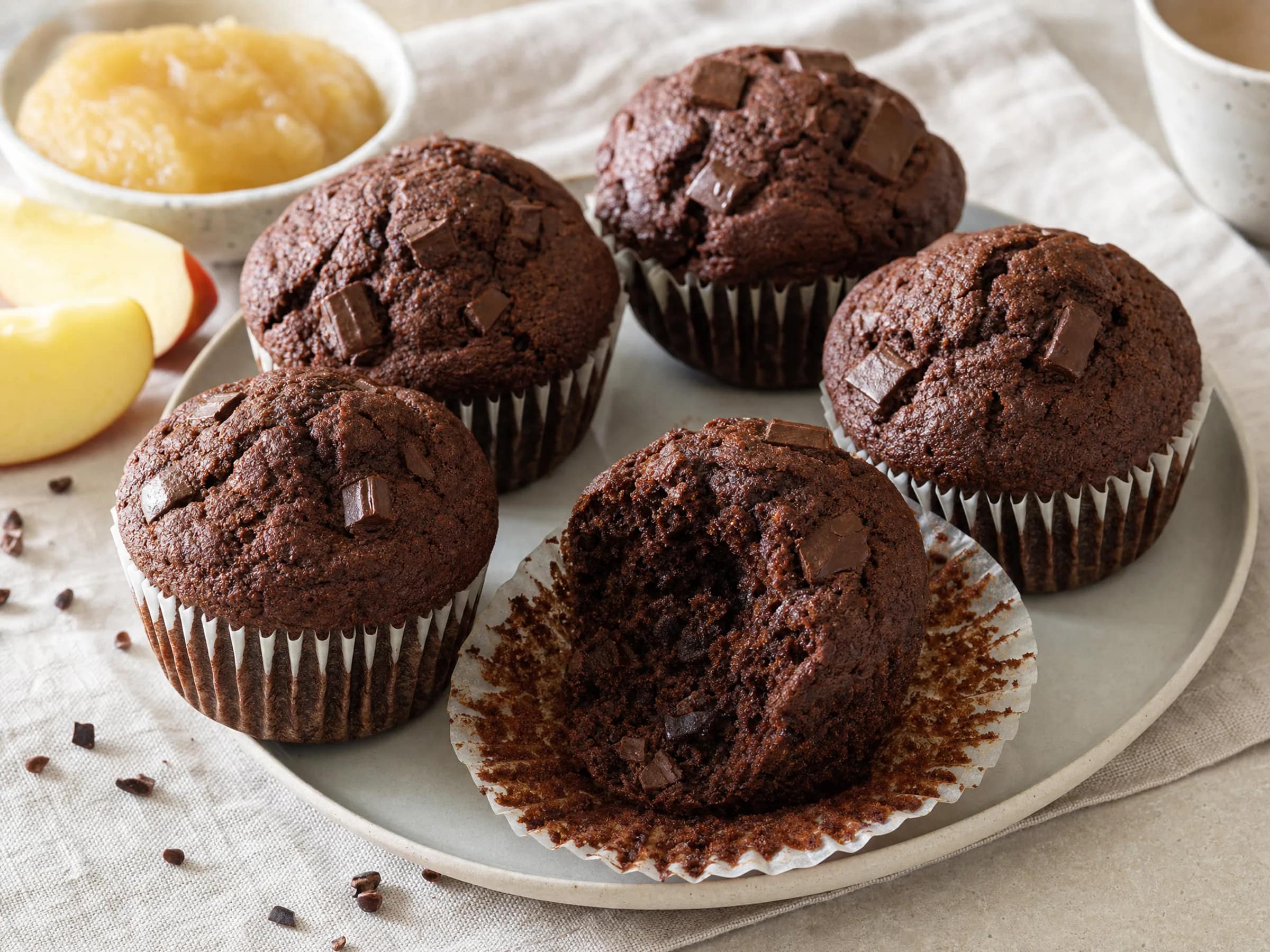 Schokomuffins vegan – saftig mit Apfelmark und Schokostücken