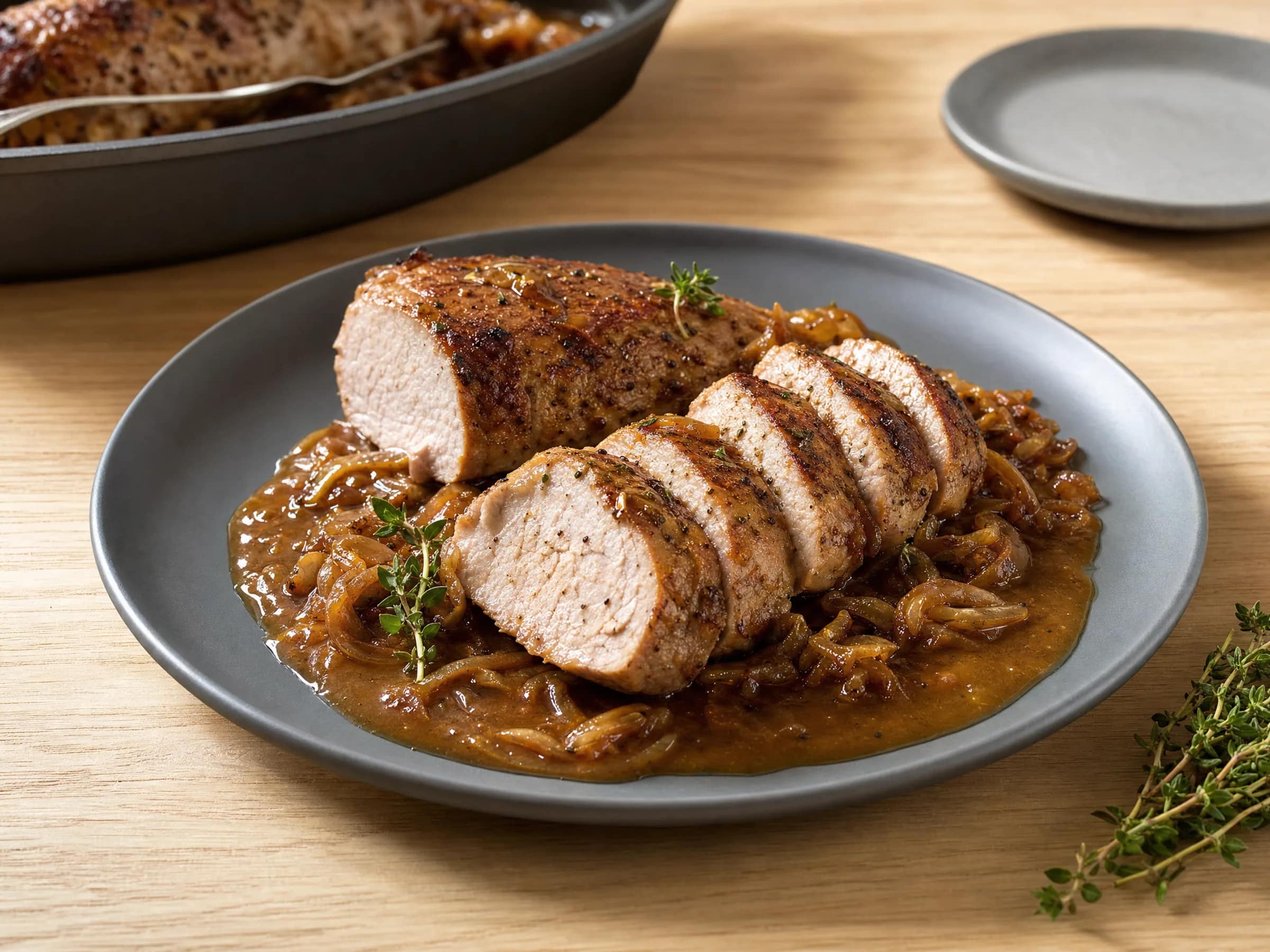 Schweinelende im Backofen mit Soße aus Zwiebeln und Senf