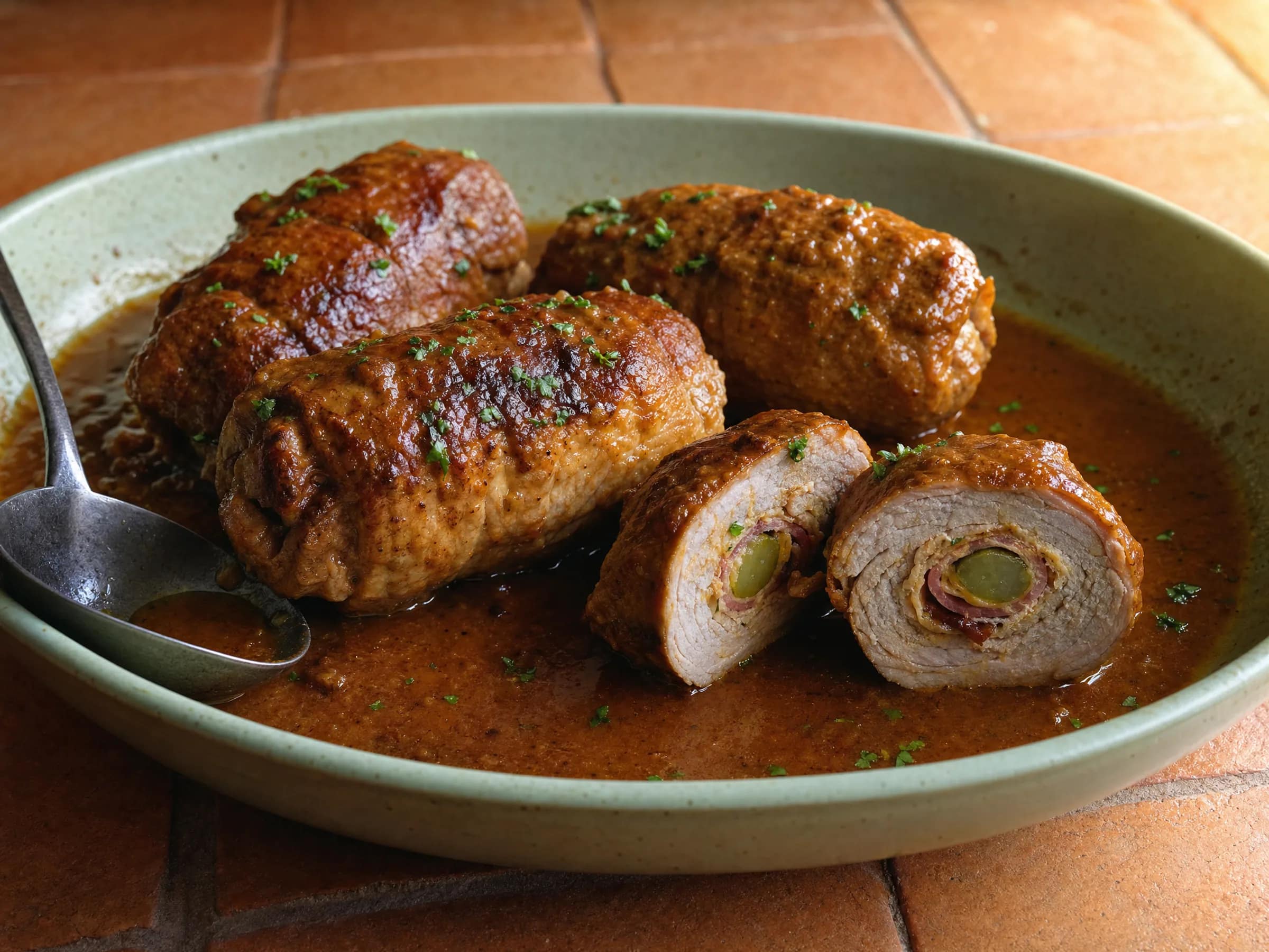 Schweinerouladen mit Senf, Speck und Gurke aus dem Backofen