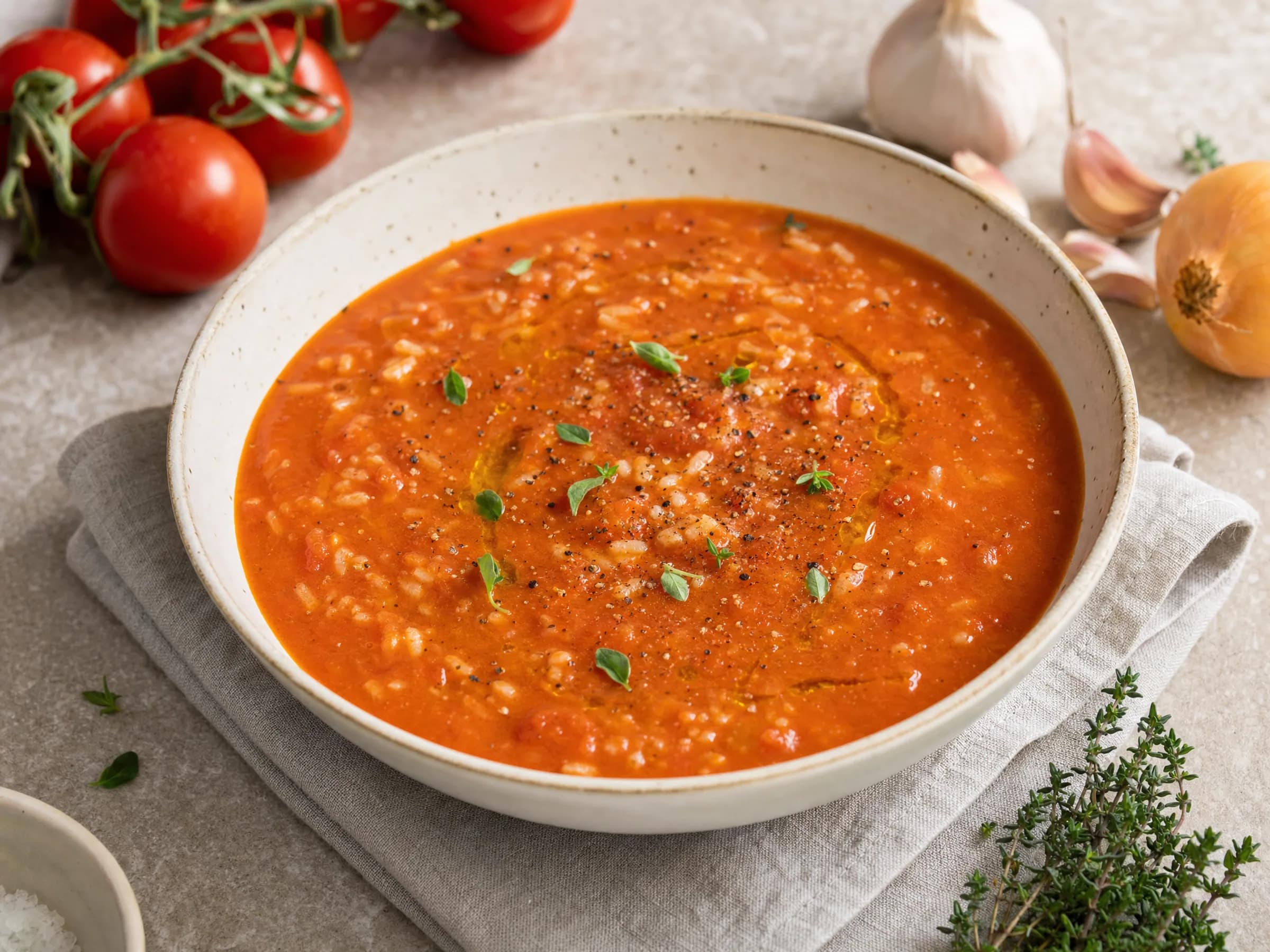 Tomatensuppe aus frischen Ofentomaten mit körnigem Reis