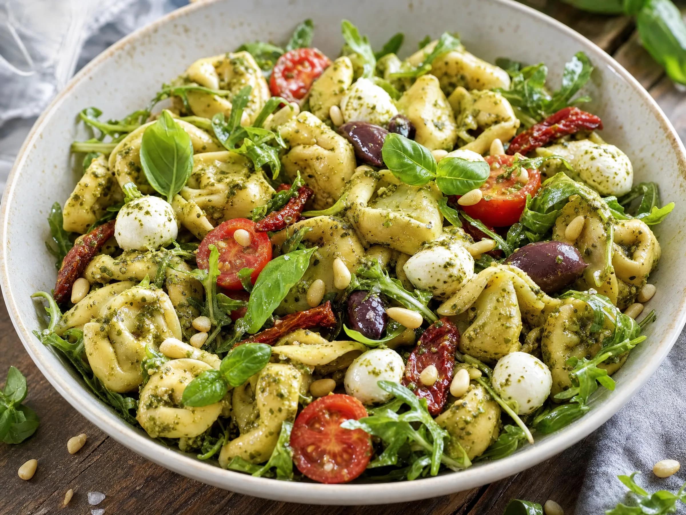 Tortellini Salat mit Pesto, Rucola und Mozzarella