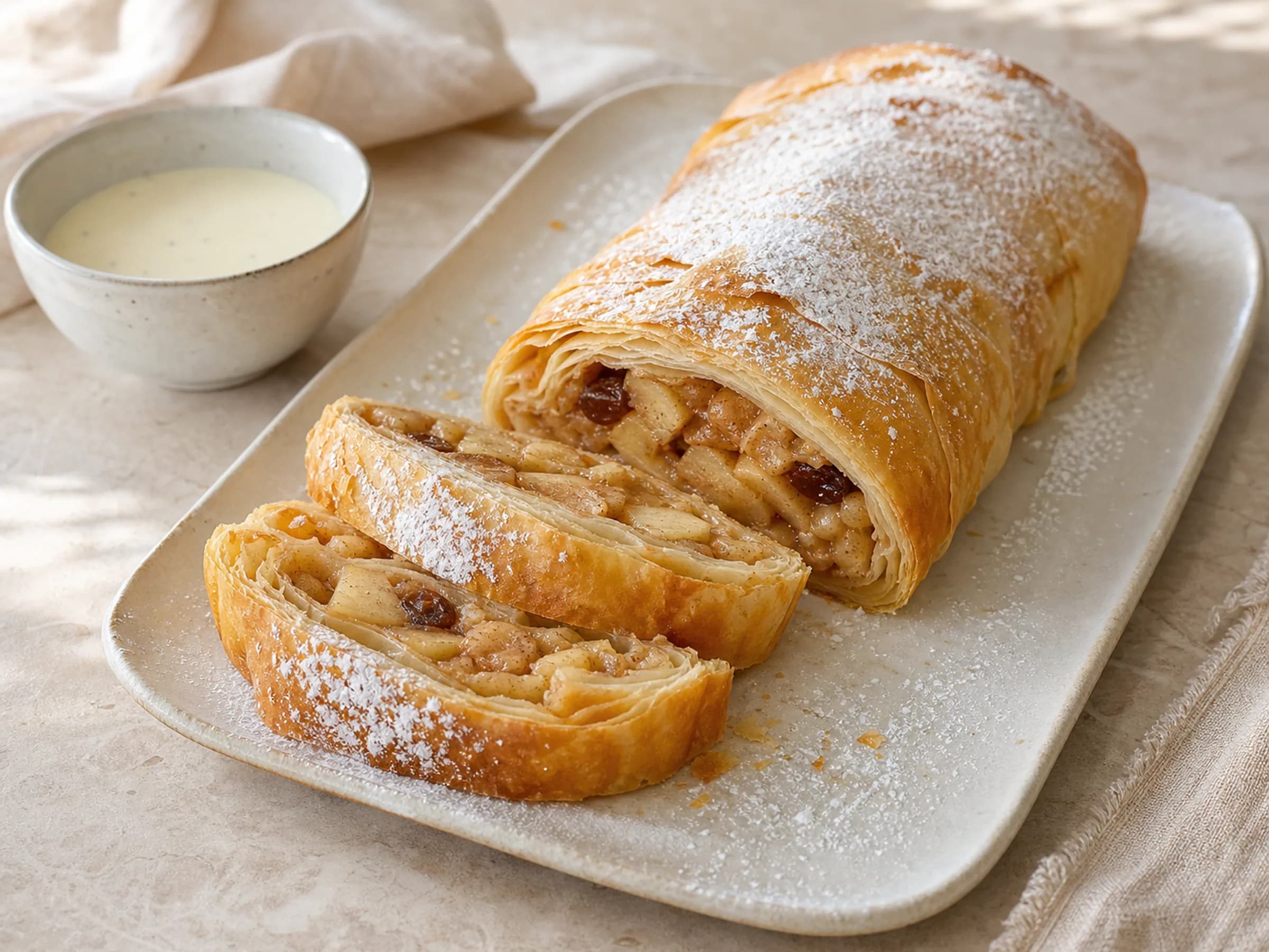 Goldbrauner Apfelstrudel mit dünnem Strudelteig, Apfelfüllung und Puderzucker