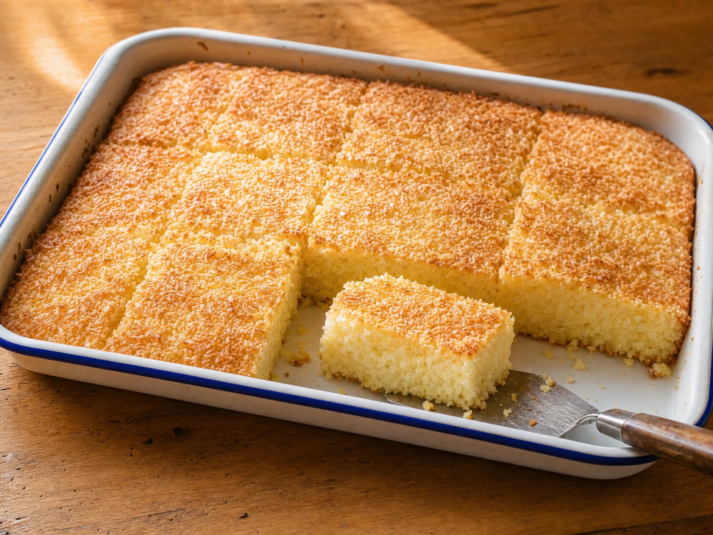 Buttermilchkuchen vom Blech mit Kokos fertig angerichtet