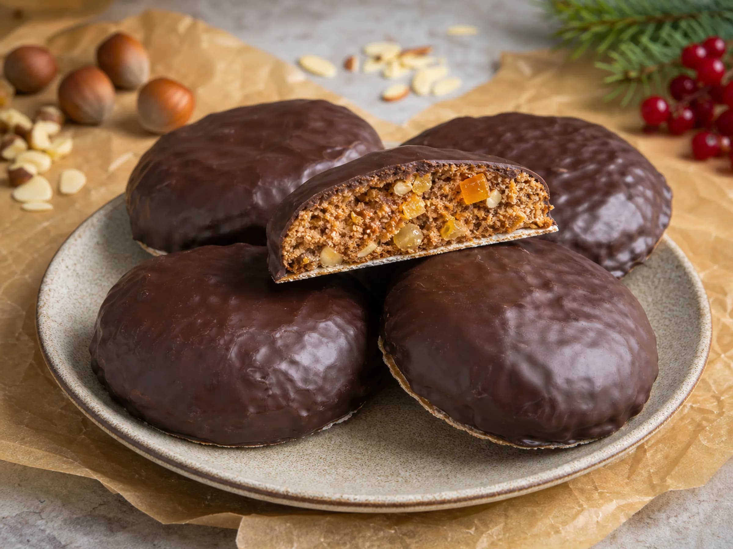 Saftige Elisenlebkuchen mit dunkler Kuvertüre und nussigem Anschnitt auf Oblaten