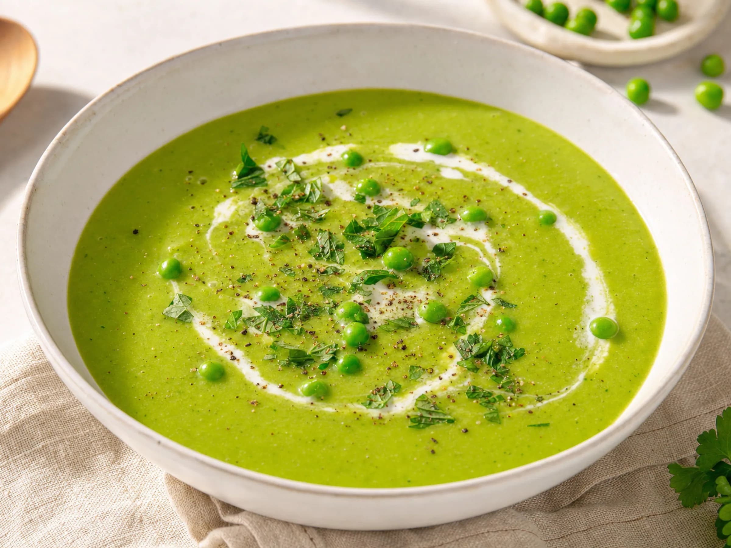 Cremige grüne Erbsensuppe mit Sahnewirbel, ganzen Erbsen und Kräutern