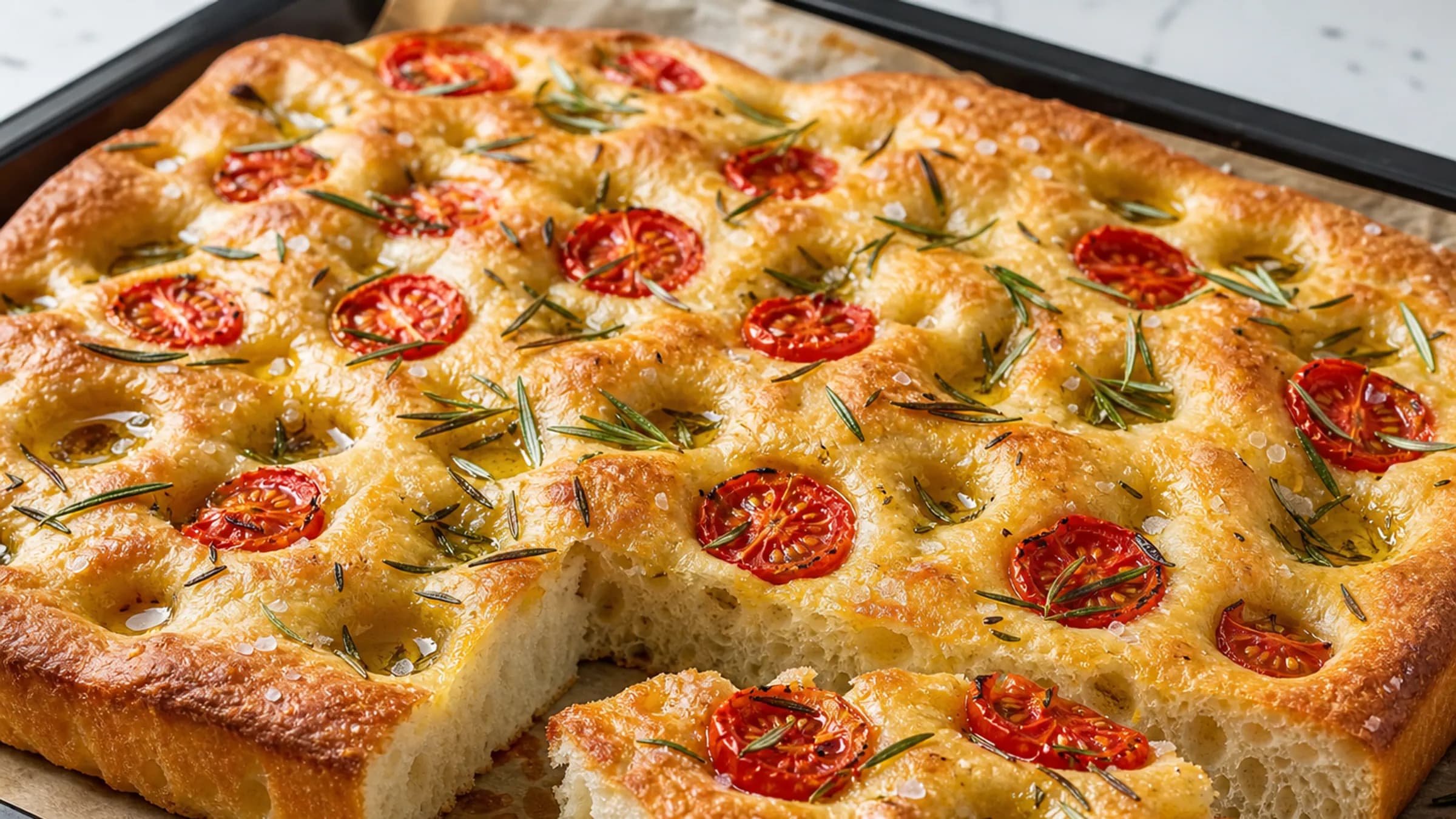 Goldbraune Focaccia mit Tomaten und Rosmarin aus dem Plany Rezeptarchiv.