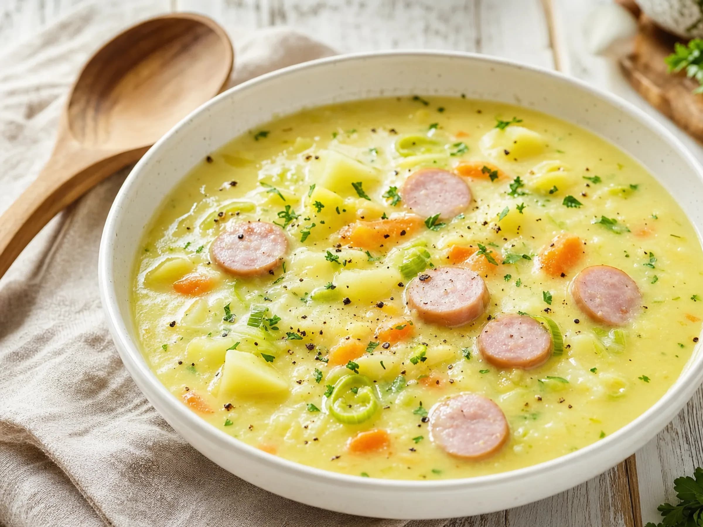 Cremige Kartoffelsuppe mit Möhren, Lauch, Petersilie und Wiener Würstchen