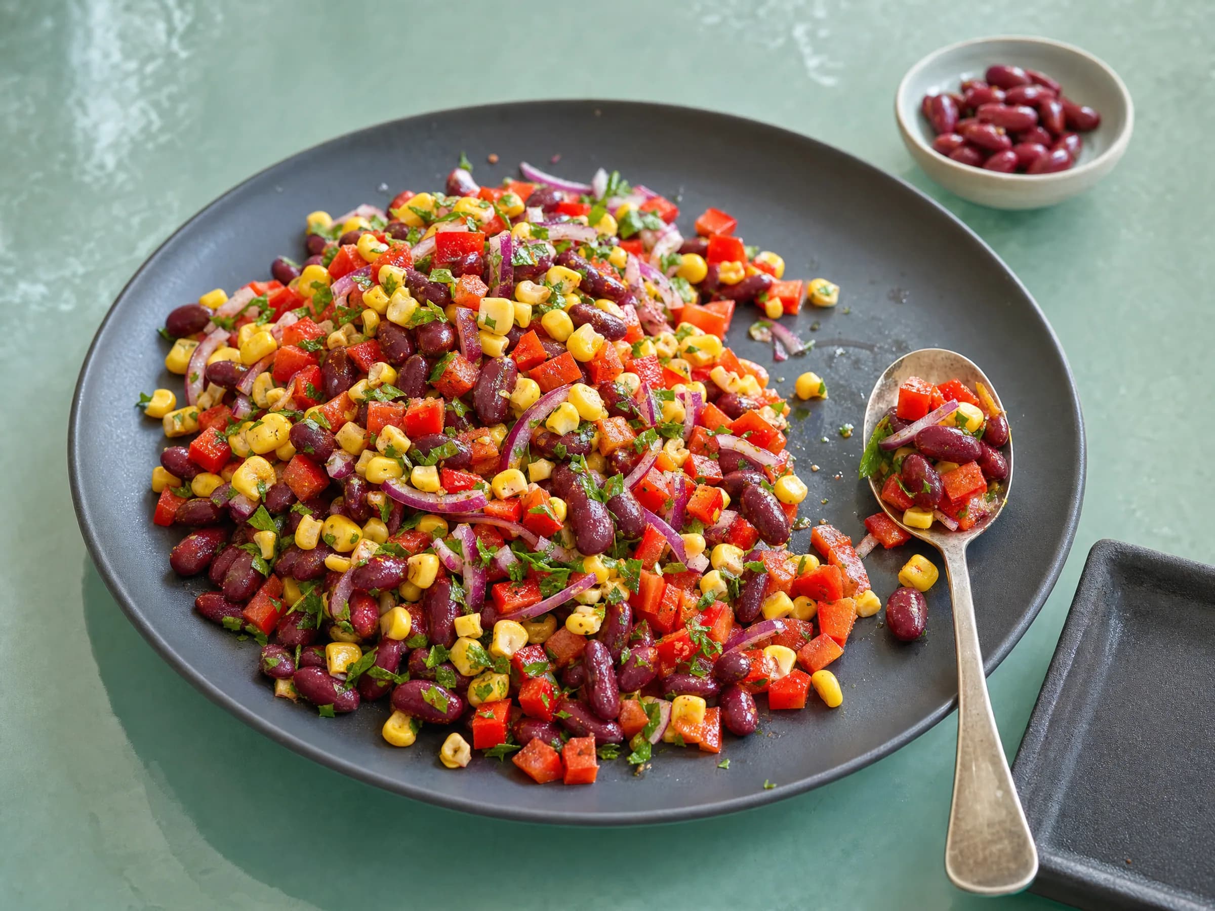 Kidneybohnen-Mais-Salat mit Paprika und Limetten-Dressing fertig angerichtet