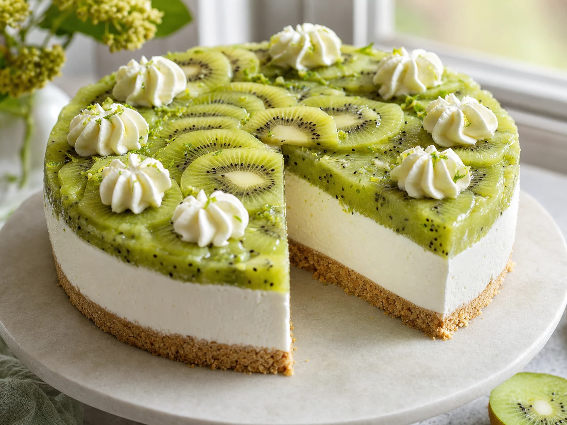 Kiwi-Torte ohne Backen mit Keksboden, Frischkäsecreme und grüner Kiwi-Schicht