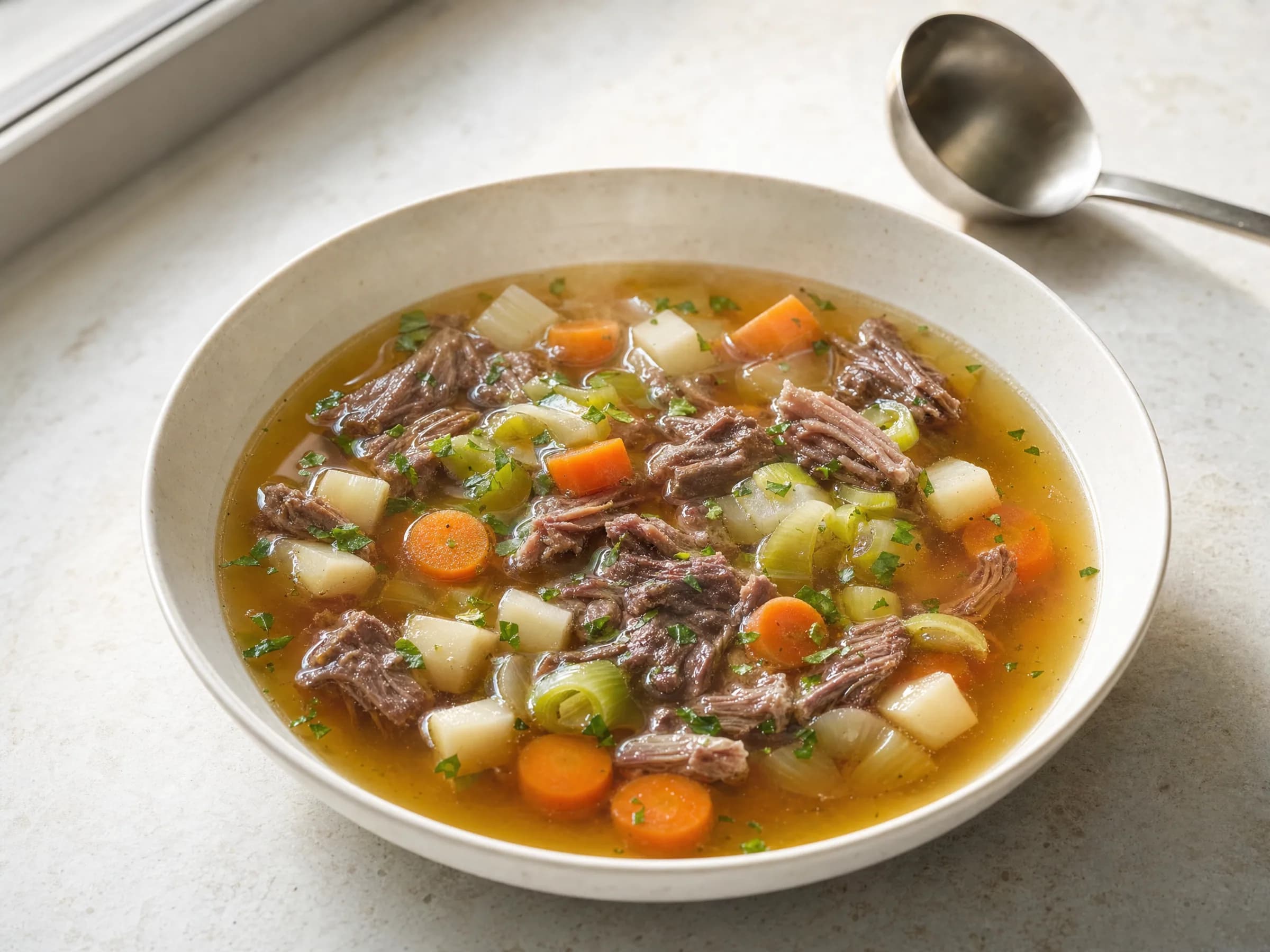 Klare Ochsenschwanzsuppe mit Wurzelgemüse fertig angerichtet