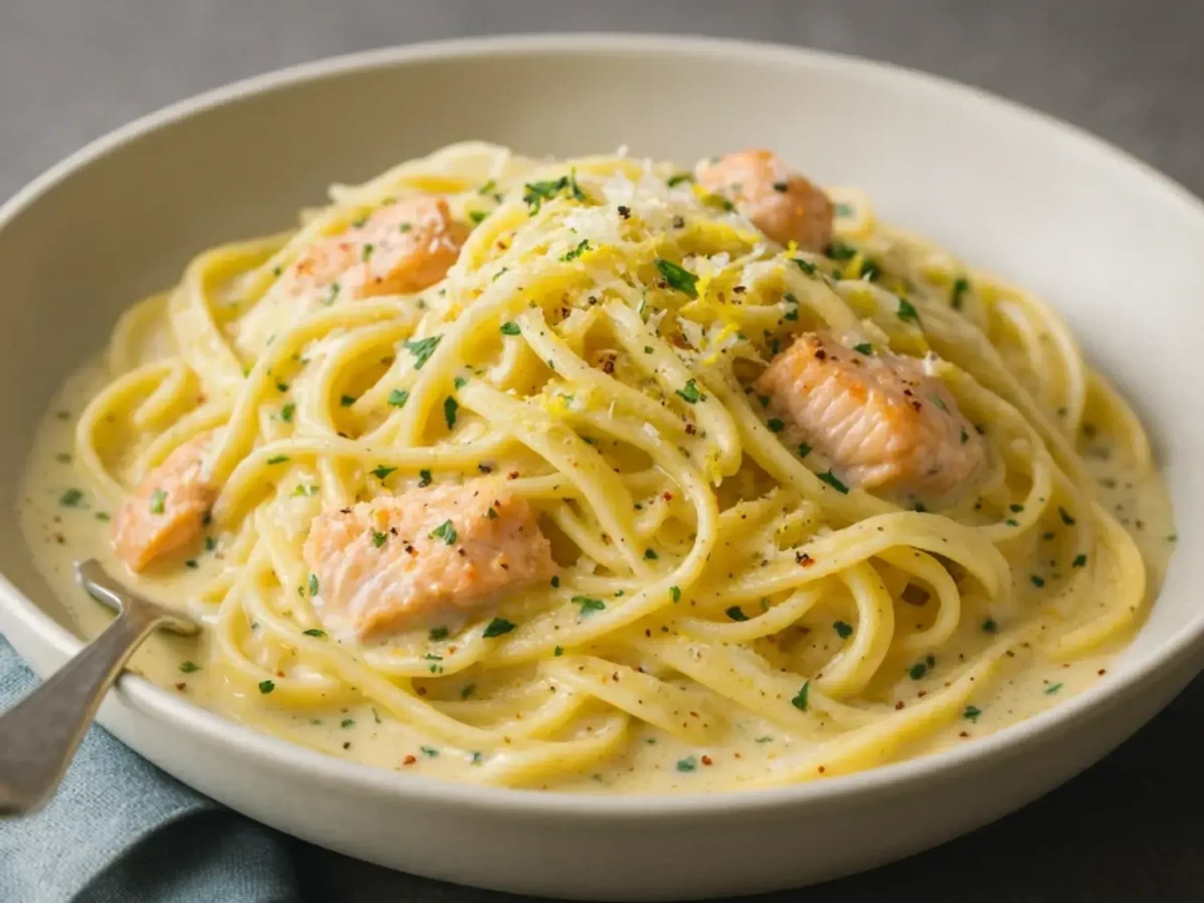 Lachsnudeln in cremiger Zitronen‑Sahnesoße