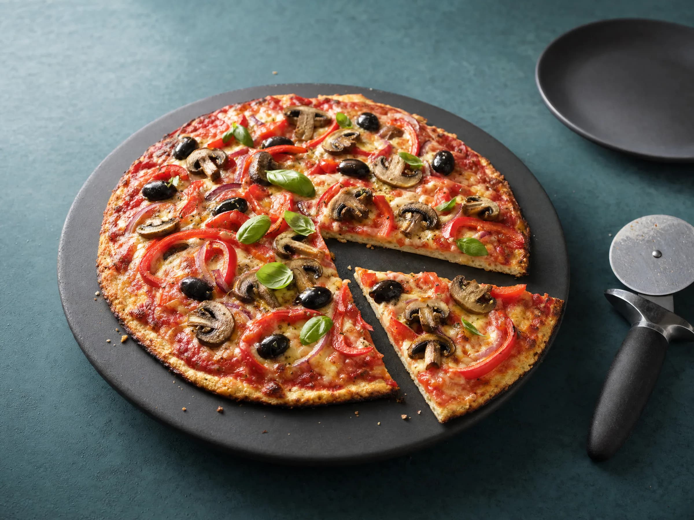 Low Carb Pizza mit Quarkboden, Paprika und Pilzen fertig angerichtet
