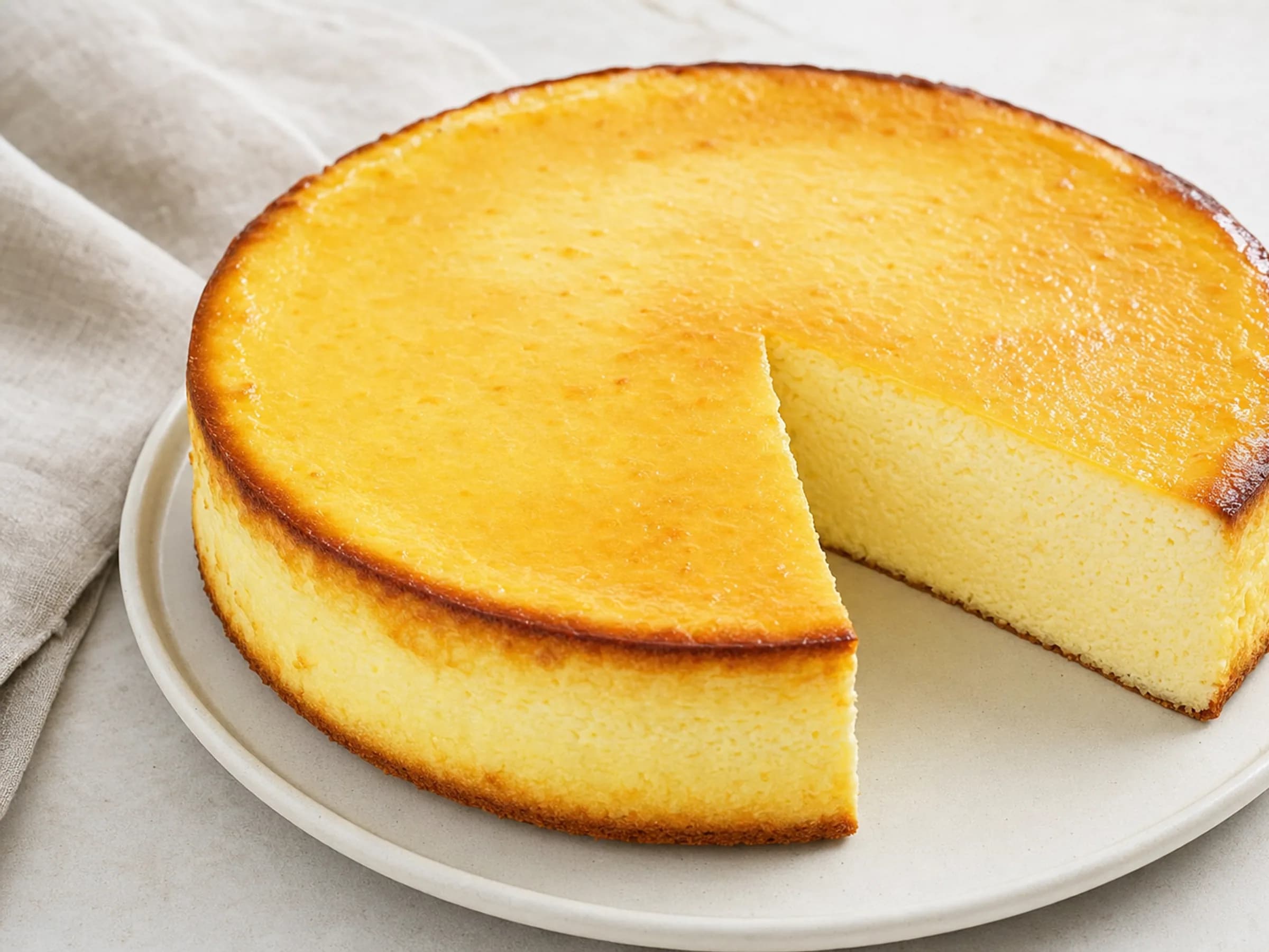 Cremige Low-Carb-Topfentorte ohne Boden mit goldener Oberfläche und angeschnittenem Stück