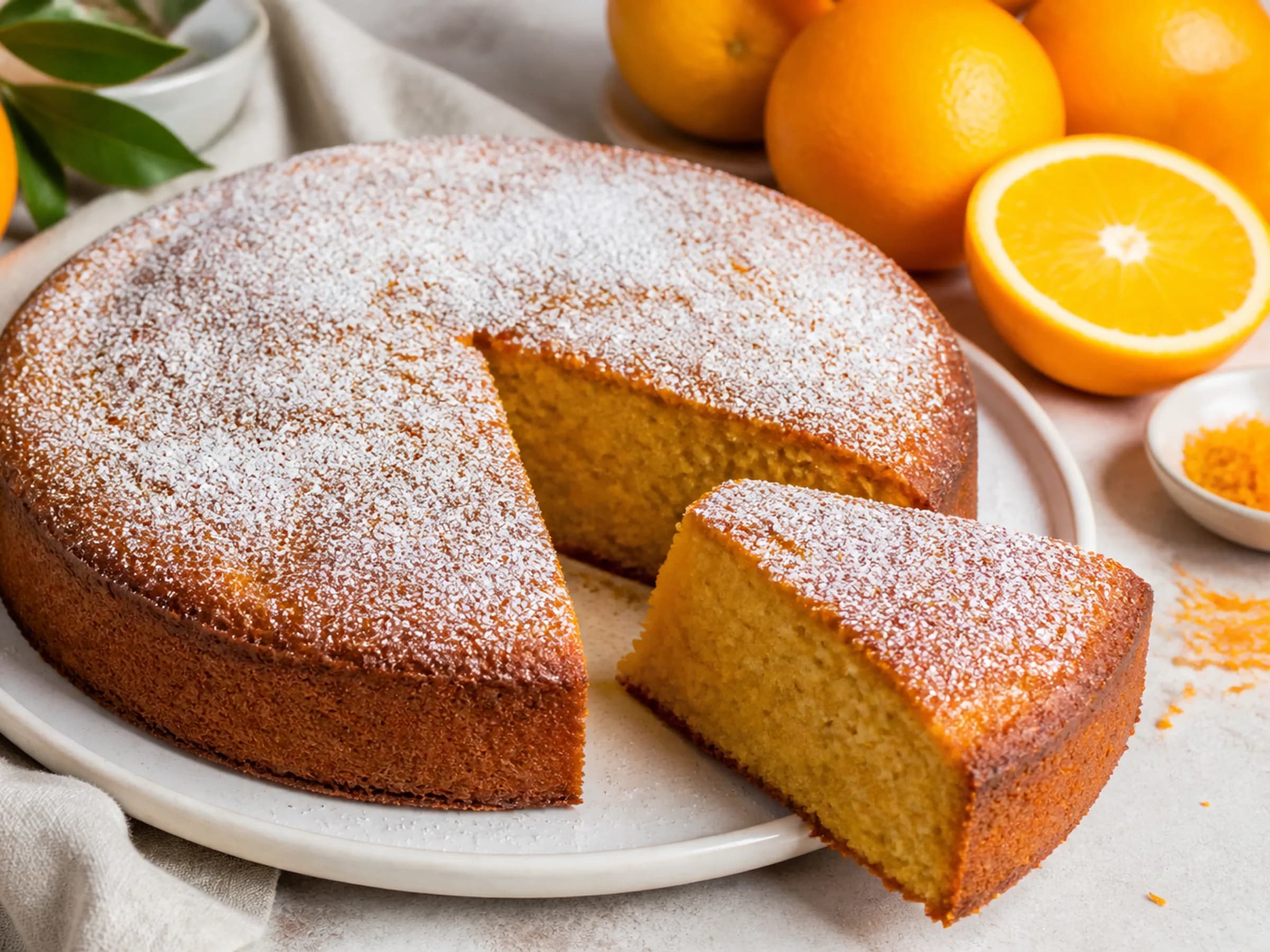Angeschnittener Orangenkuchen mit Puderzucker und frischen Orangen auf einer hellen Platte