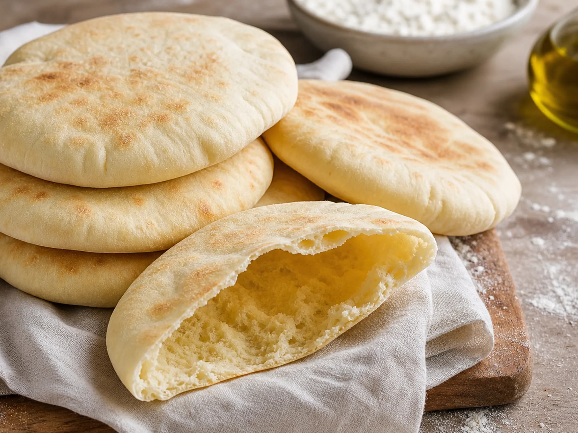 Selbst gebackene Pita-Brote mit geöffneter weicher Brottasche zum Füllen