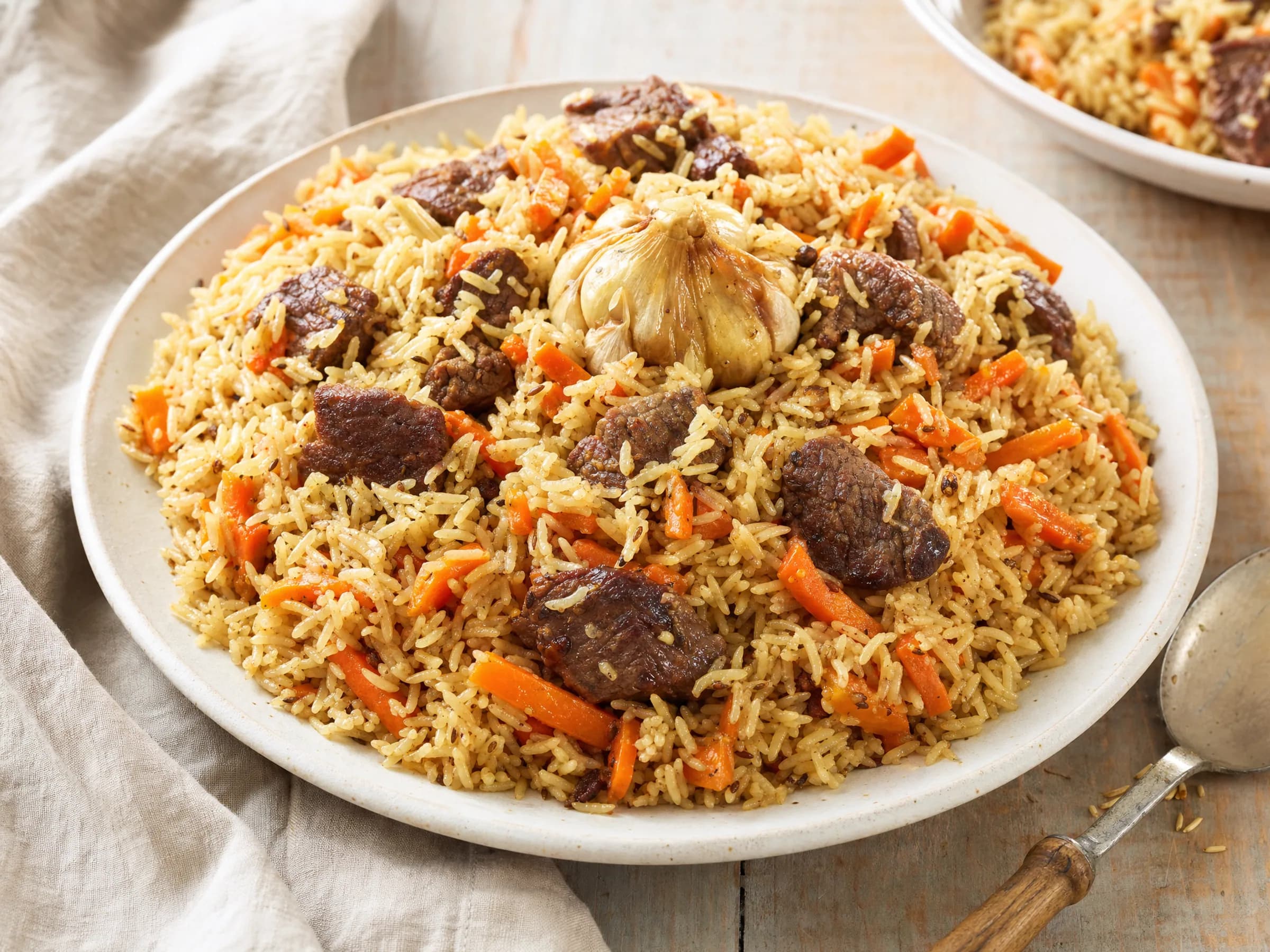 Plov mit Rindfleisch, Möhren und Knoblauch fertig angerichtet