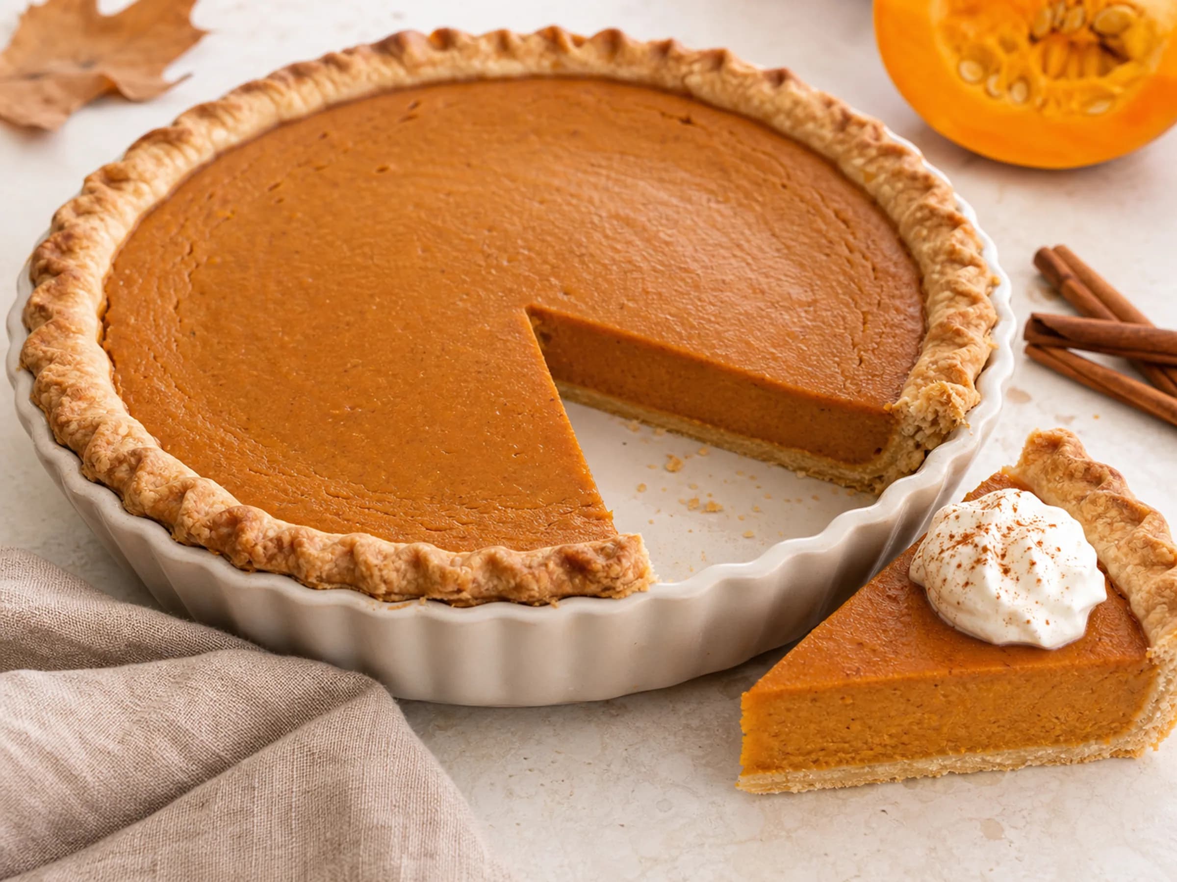 Amerikanischer Pumpkin Pie mit glatter Füllung fertig angerichtet