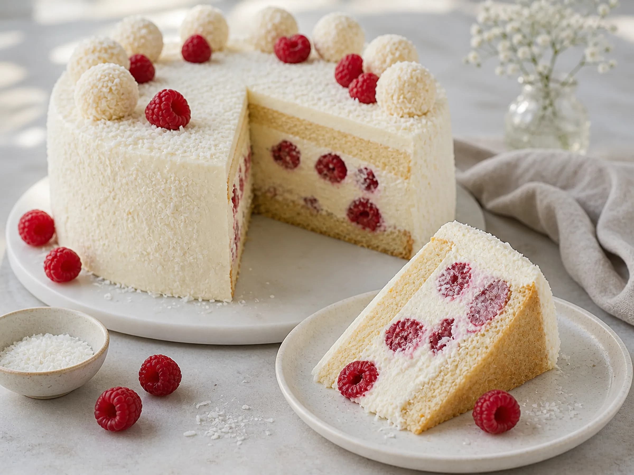 Angeschnittene Raffaello-Torte mit Himbeeren, Kokoscreme und frischer Dekoration
