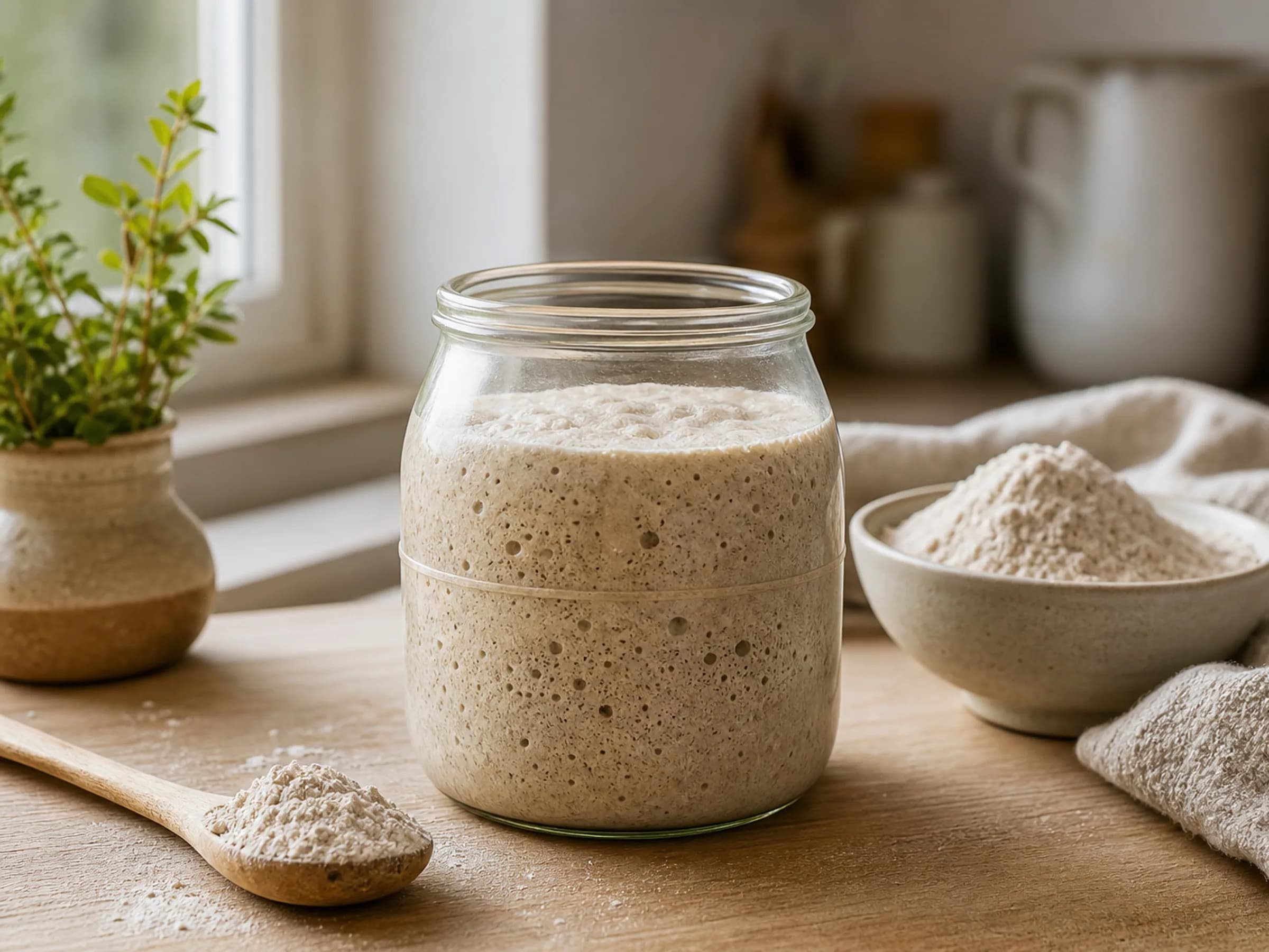 Aktiver Roggen-Sauerteigstarter mit vielen Bläschen in einem Glas neben Roggenvollkornmehl