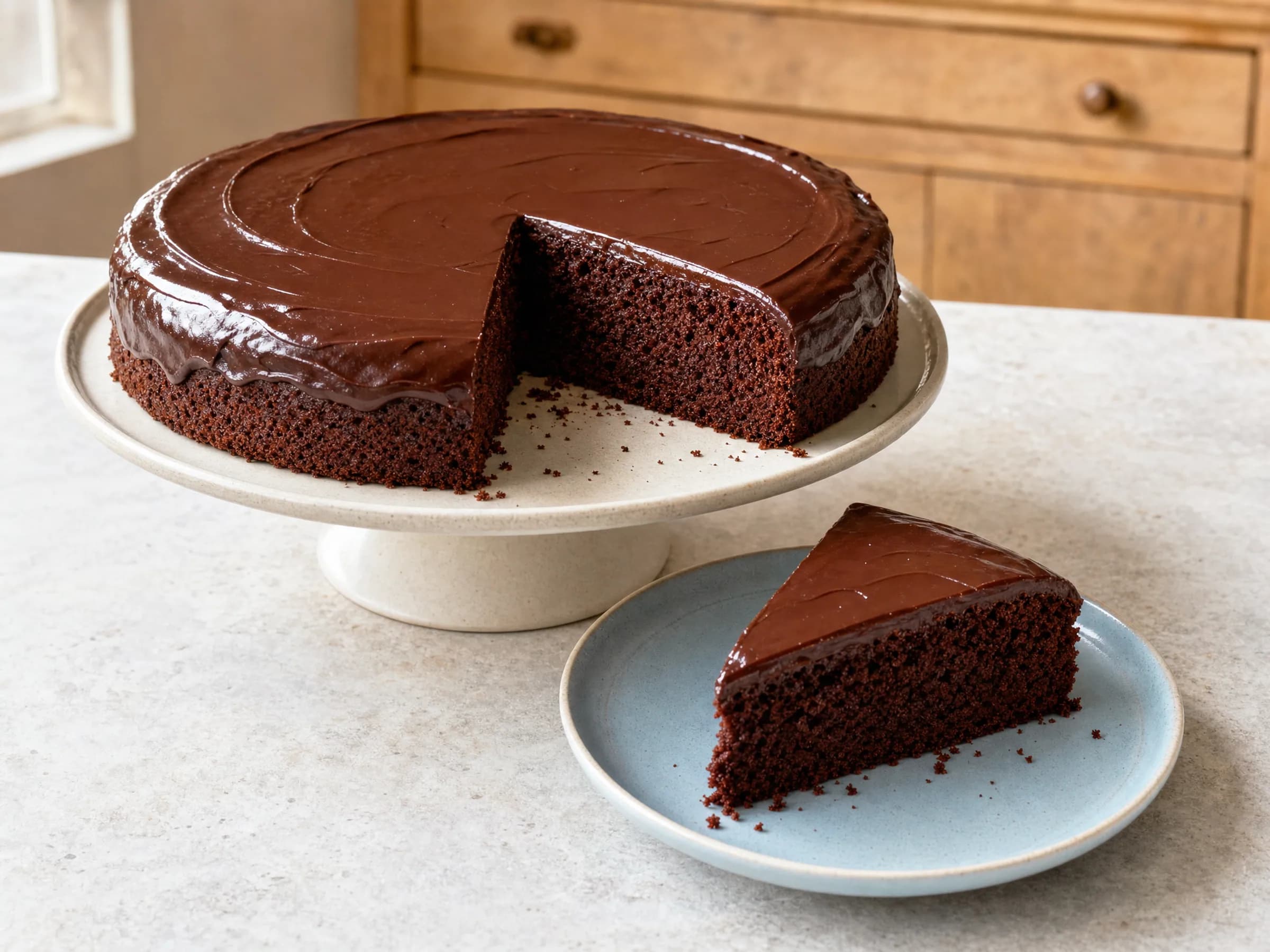 Schokoladenkuchen mit Zartbitterschokolade fertig angerichtet