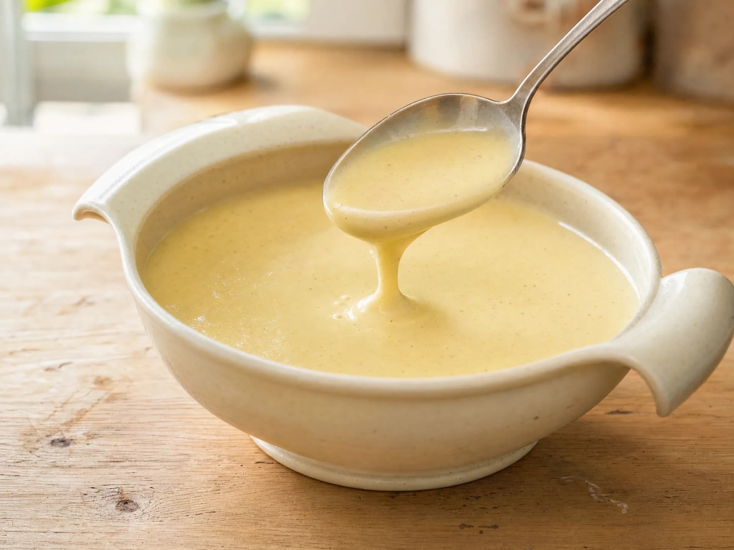 Senfsoße mit heller Mehlschwitze fertig angerichtet