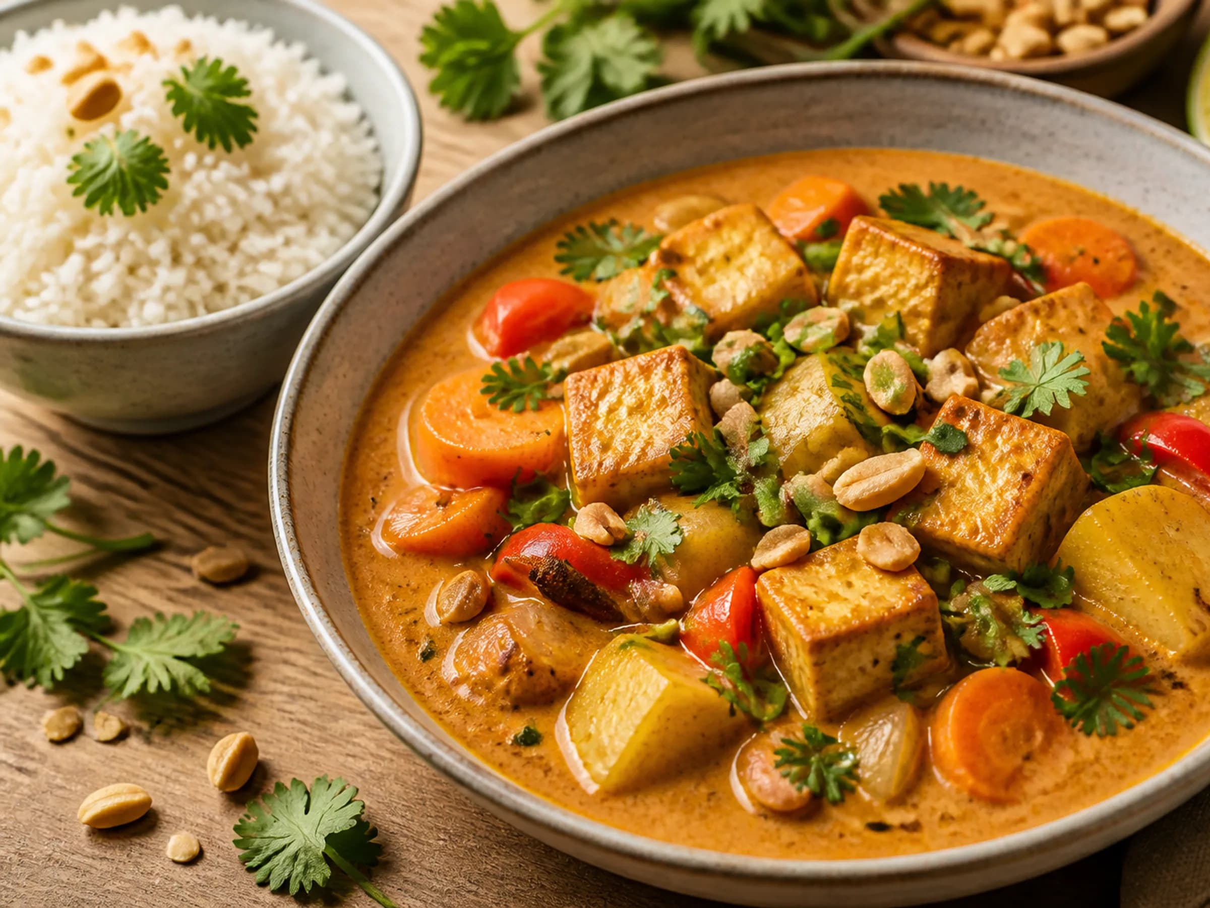 Veganes Massaman-Curry mit Tofu, Kartoffeln, Gemüse, Erdnüssen und Jasminreis in einer Schale