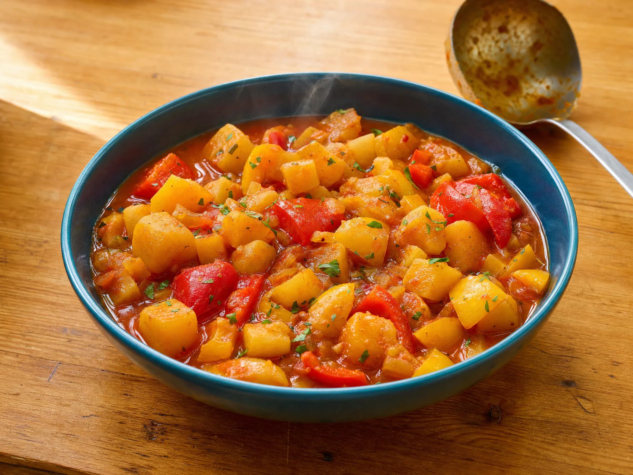 Vegetarisches Kartoffelgulasch mit Paprika fertig angerichtet