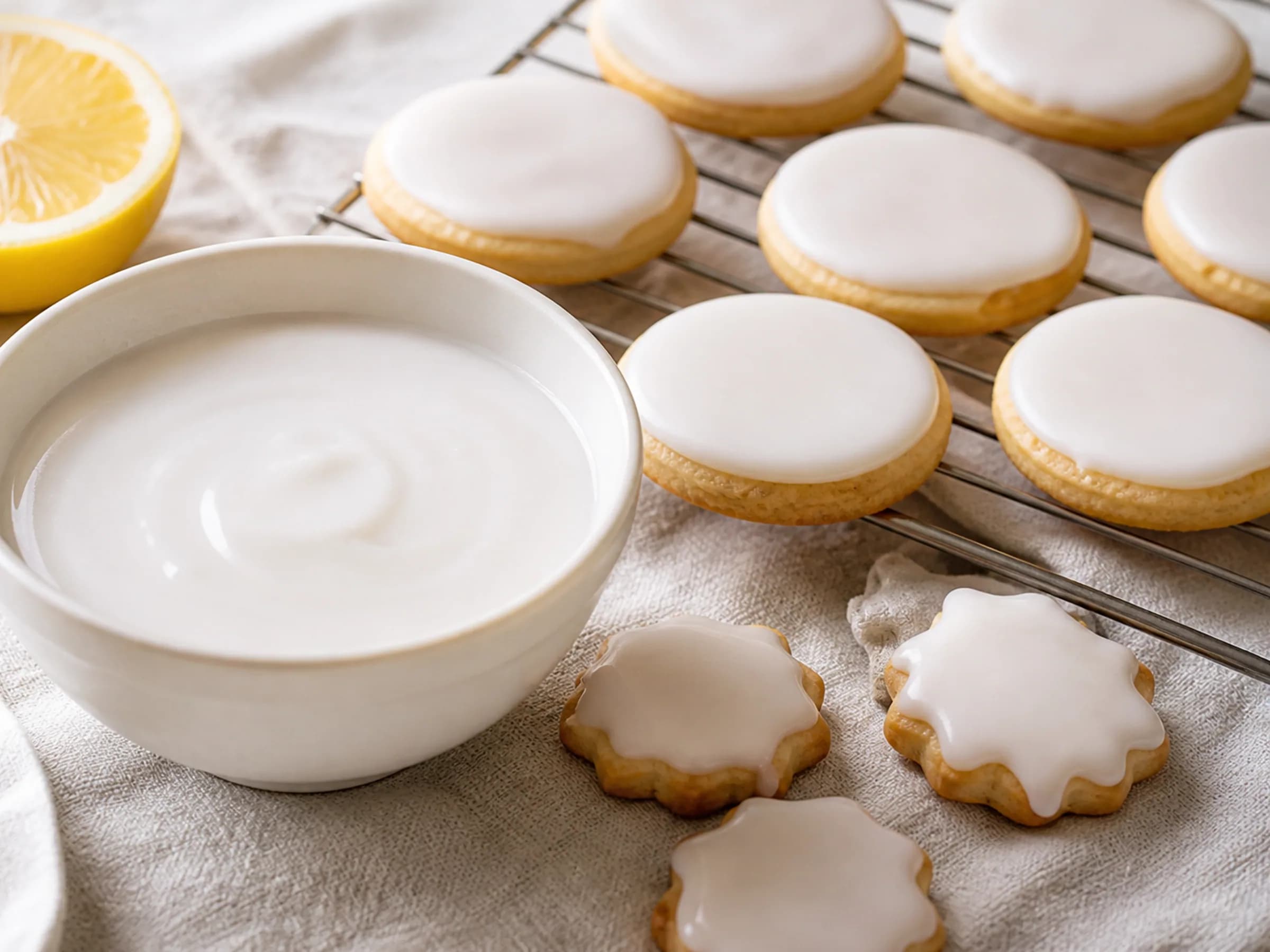 Schale mit glattem weißem Zuckerguss neben glasierten Plätzchen und einer Zitrone