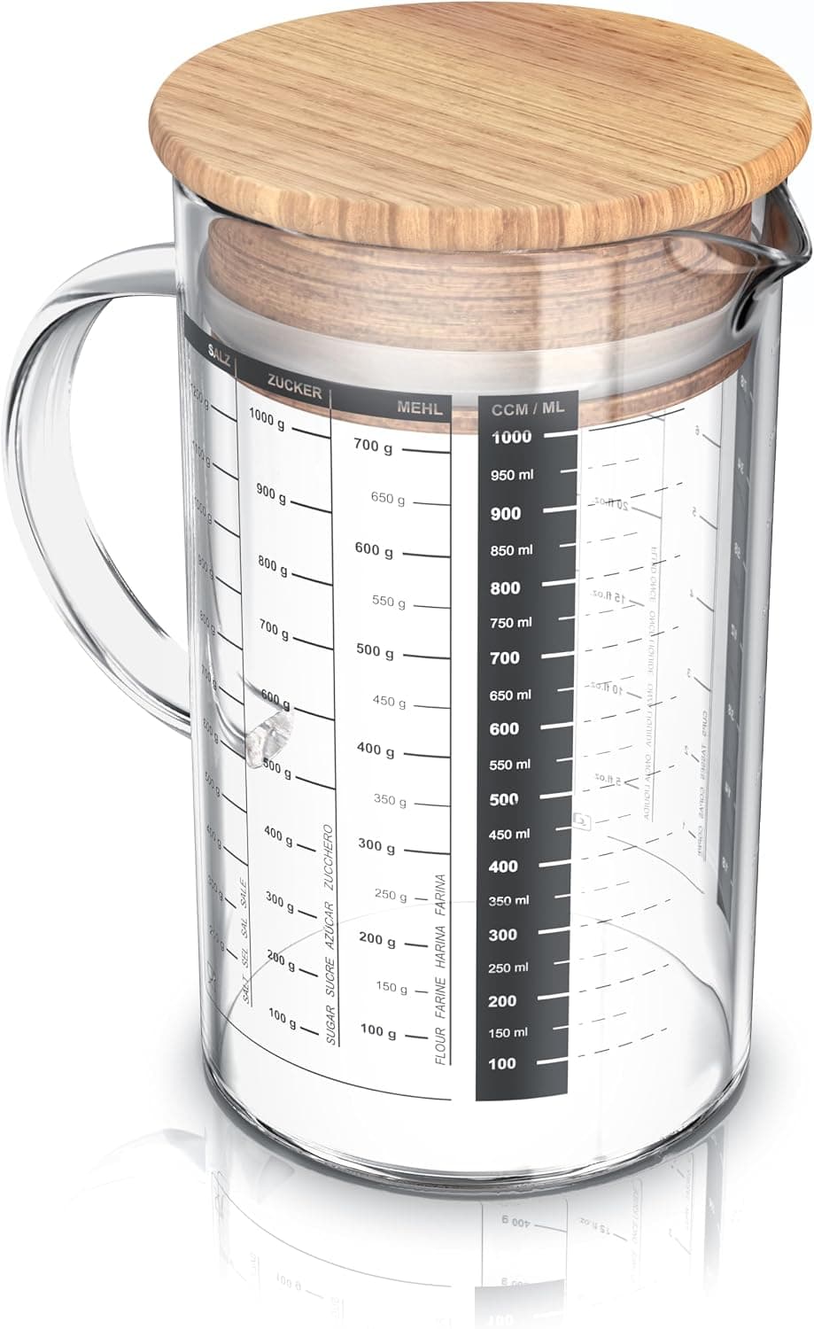 Arendo - 1l Messbecher aus Glas - 1 Liter Messkrug Glas Krug – Borosilikatglas – präzise Skala – hitzebeständig – Mikrowellen geeignet – Glasbehälter mit Bambusdeckel - Silikondichtung
