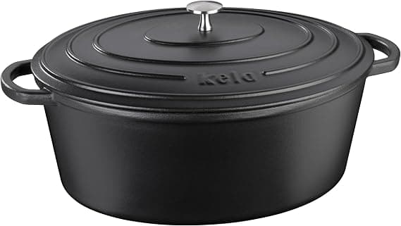 kela Bräter Gusseisen oval 6 Liter, Dutch Oven CALIDO, Induktion Gussbräter mit Deckel, Gusseisen Topf Brot backen, emailliert, schwarz