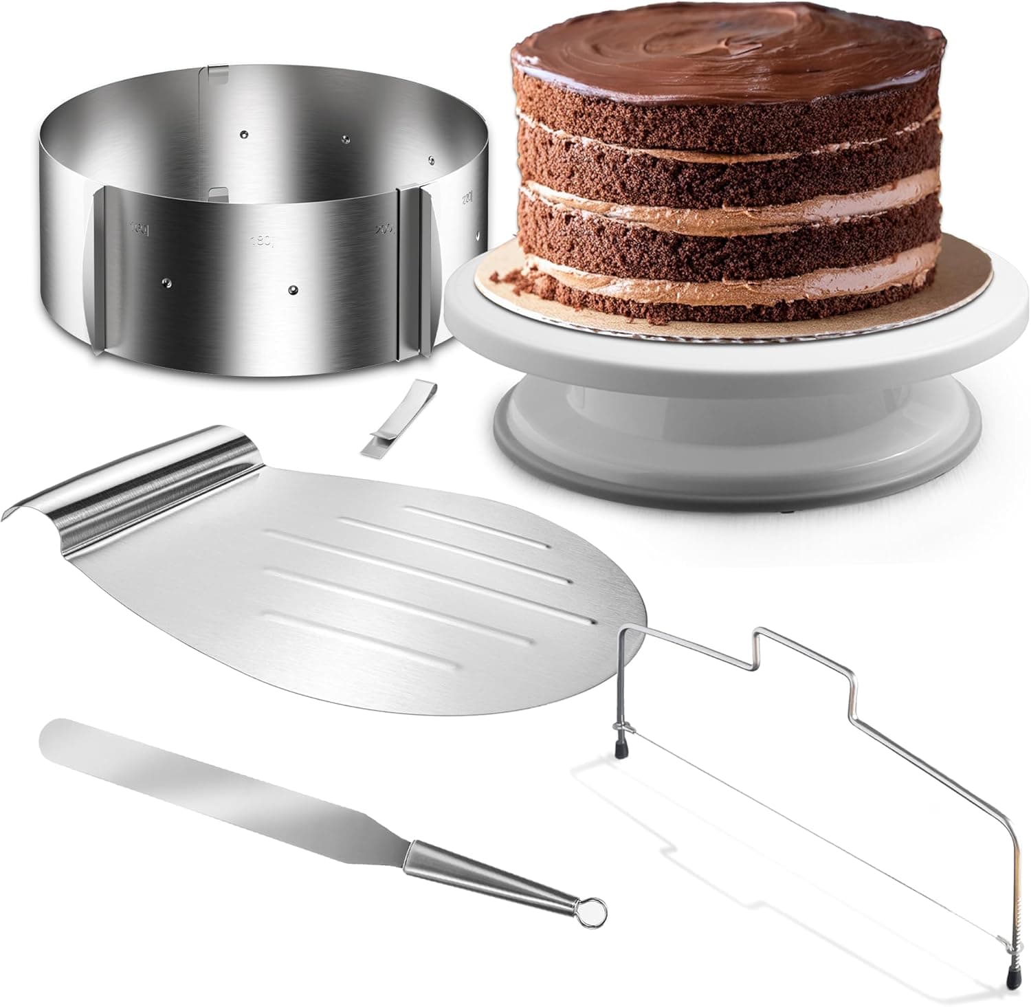 4smile Torten-Zubehör-Set, 5-teilig, mit verstellbarem Tortenring, Tortenschneider, Tortenheber, Drehplatte und Streichpalette