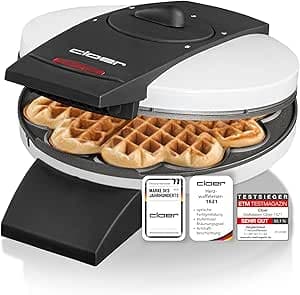 Cloer 1621 Waffeleisen für klassische Herzwaffeln, 930 W, 15,5 cm, stufenloser Bräunungsgrad, weiß