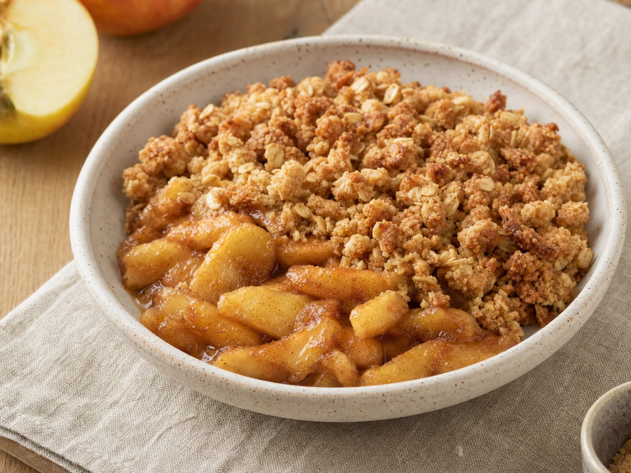 Apple Crumble vegan mit Haferflocken und knusprigen Streuseln fertig angerichtet