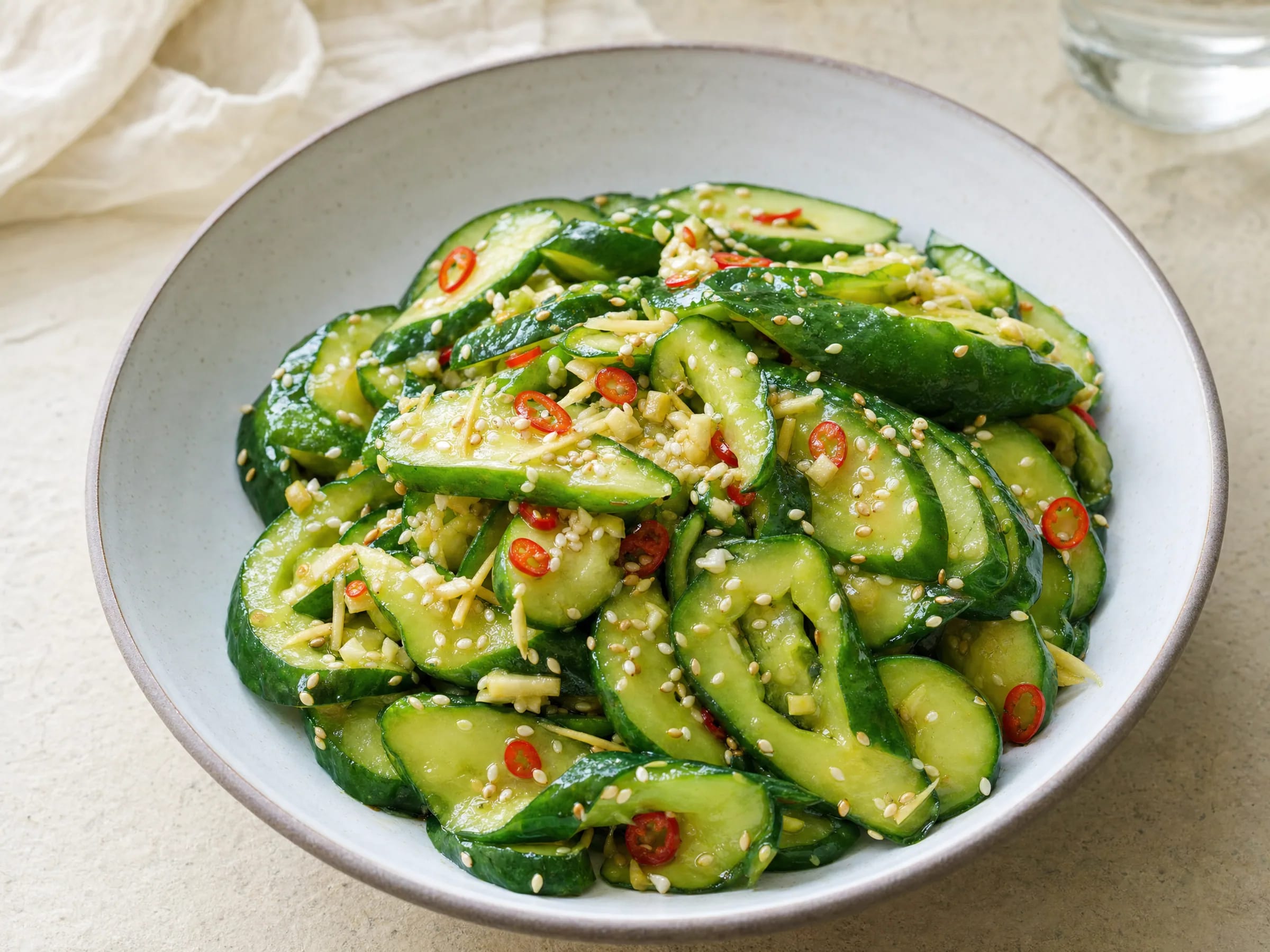 Asiatischer Gurkensalat mit Reisessig – knackig und süß-sauer fertig angerichtet